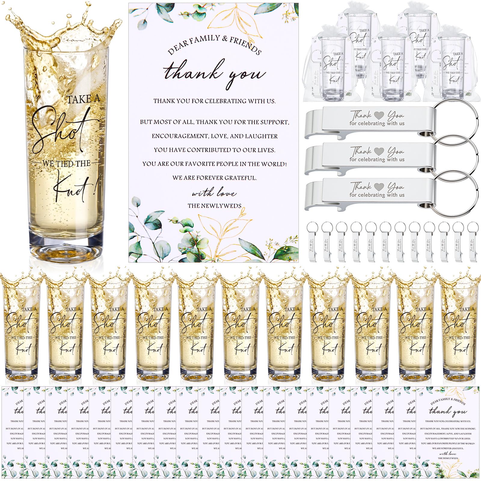 Sliner 100 Sets Wedding Favors for Guests Bulk 2oz Acrylic Personalized Shot Glasses with Bottle Opener Keychain Thank You Cards Organza Bags for Guest Wedding Gifts Newlyweds Bridal Shower Party