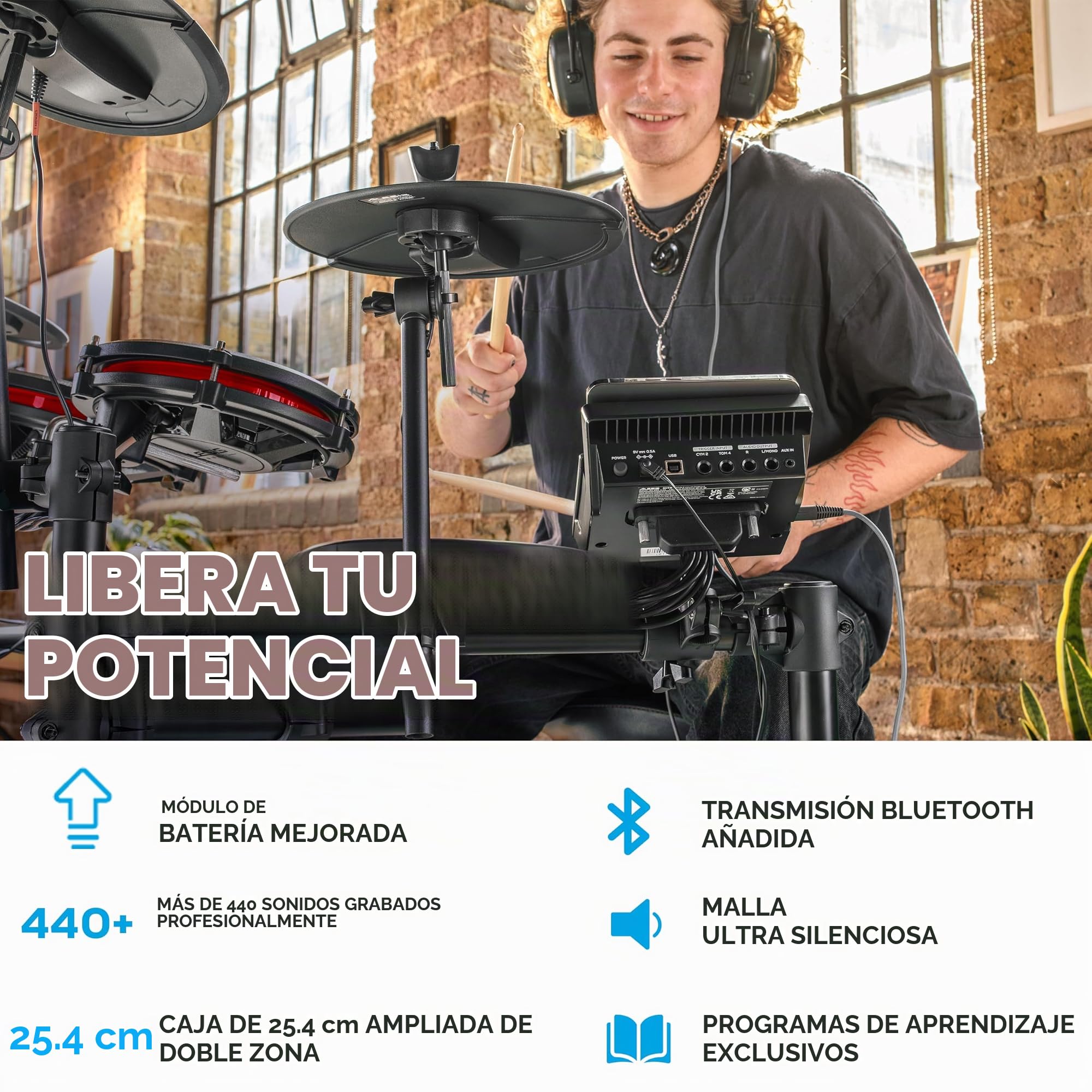 Alesis Nitro Max Kit Batería Electrónica con Parches Silenciosos de Malla, Caja de Doble Zona de 10 & Vic FIrth - Baquetas de la serie American Classic® 5A - Madera de nogal American - Punta de Madera