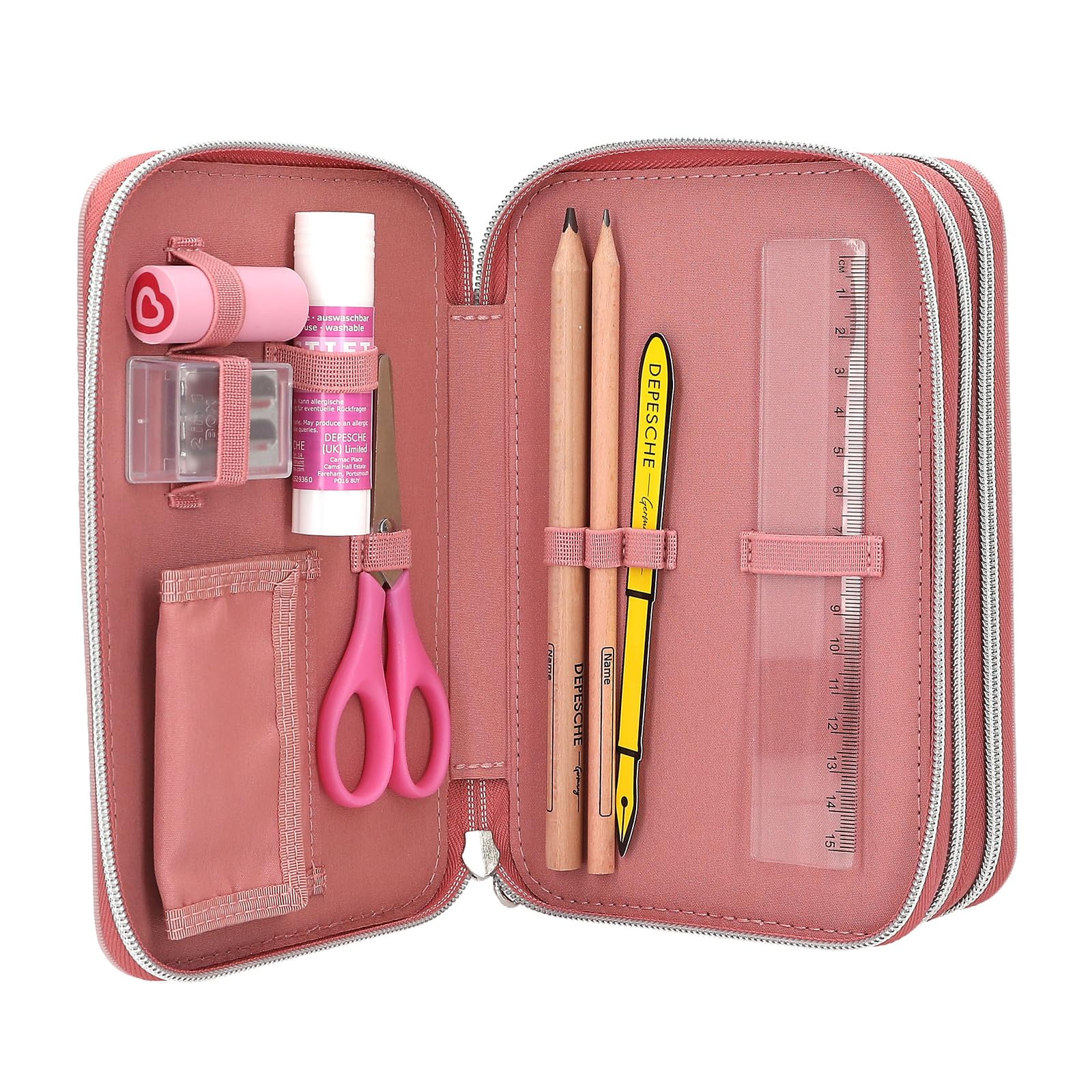 Depesche 14007 TOPModel Dots - Trousse à Crayons Rose à 3 Compartiments, avec Motif TOPModel, Motif à Pois et Paillettes, Trousse Contenant des Crayons de Couleur, des Ciseaux