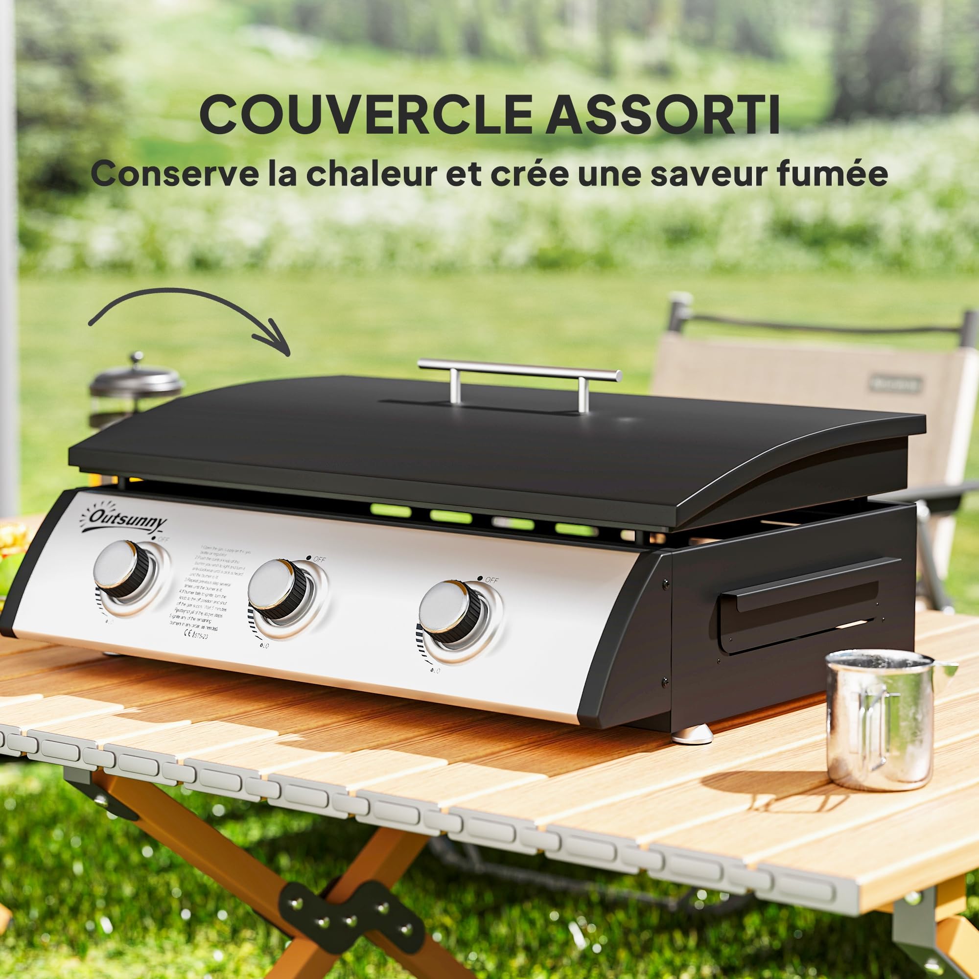 Outsunny Plancha Gaz 3 Brûleurs 7,5kW avec Couvercle Surface 61x35,5cm Noir | Gaz Liquéfié/Propane, Portable pour Extérieur, Jusqu'à 6/8 Convives