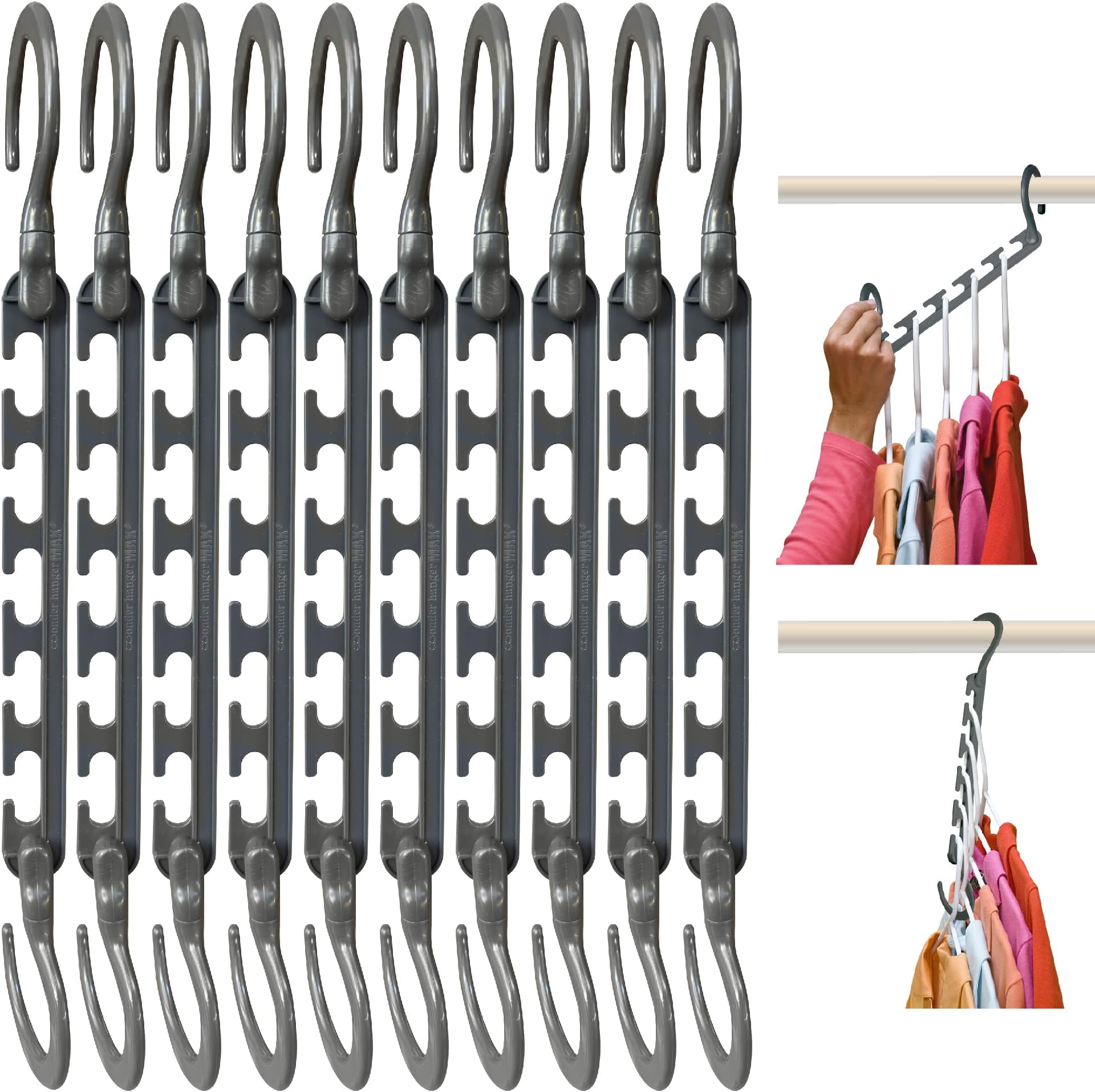 Max 10-Pack Space Saving Hangers, Reinforced Hooks Swivels 360°, Cascading Hanger, College Dorms & Storage Closet Organizer, Fully Assembled – Grey