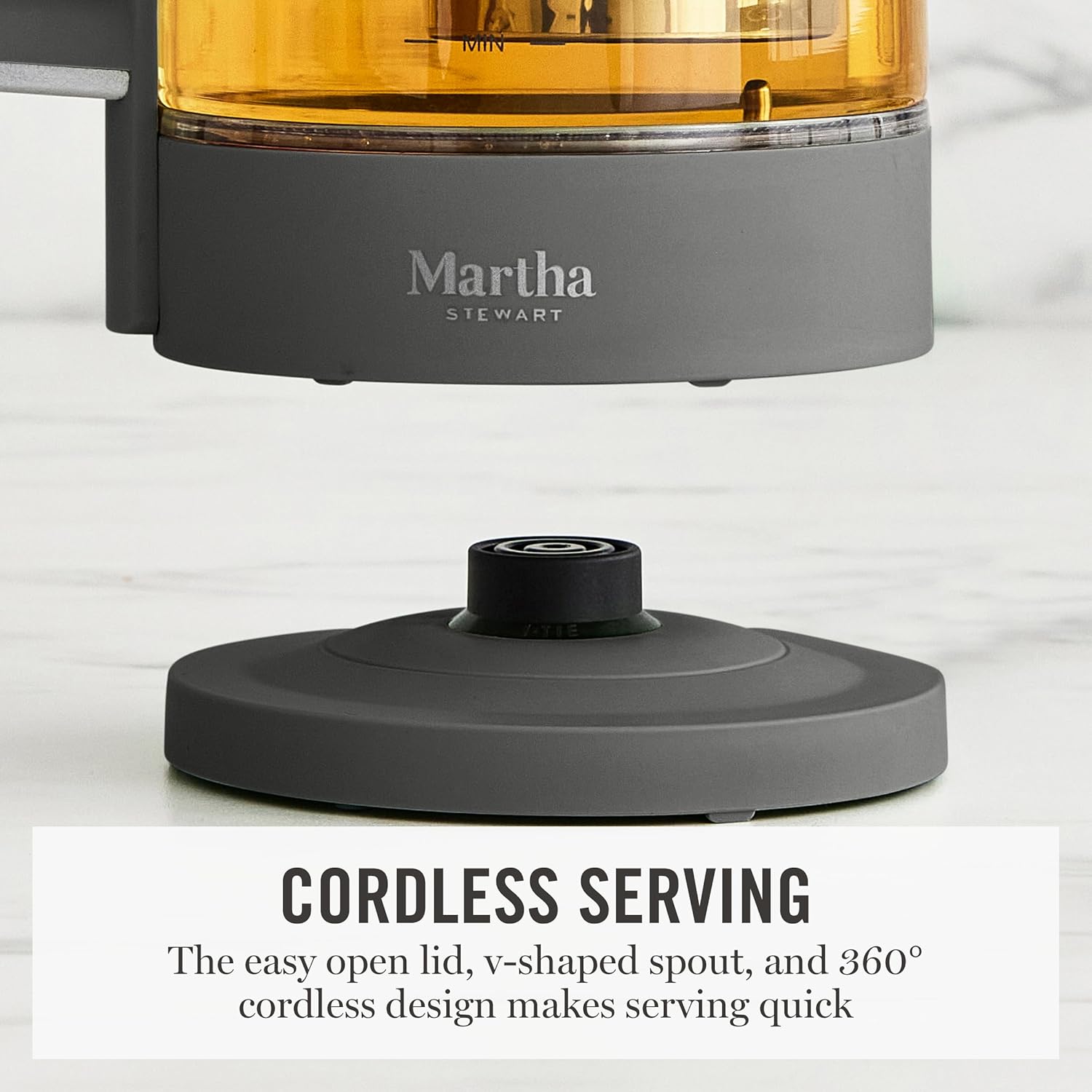 Martha Stewart  Electric  Kettle with Removable Stainless Steel Tea Infuser, Glass Carafe 1.7L (7 Cups), Hot Water Boiler, 4 Presets, Keep Warm & Auto Shut-Off, Cordless 360° Swivel Base, Caviar Gray