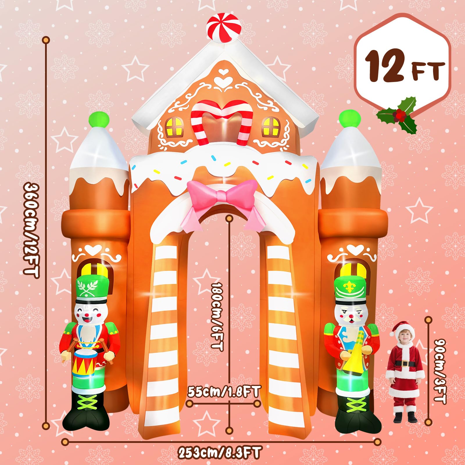 Kalolary Décoration Gonflable de Noël, D'épice Géante avec Lumières LED Intégrées pour Fête, Intérieur, Extérieur, Pelouse, Jardin (Soldats Gingerbread Archway)