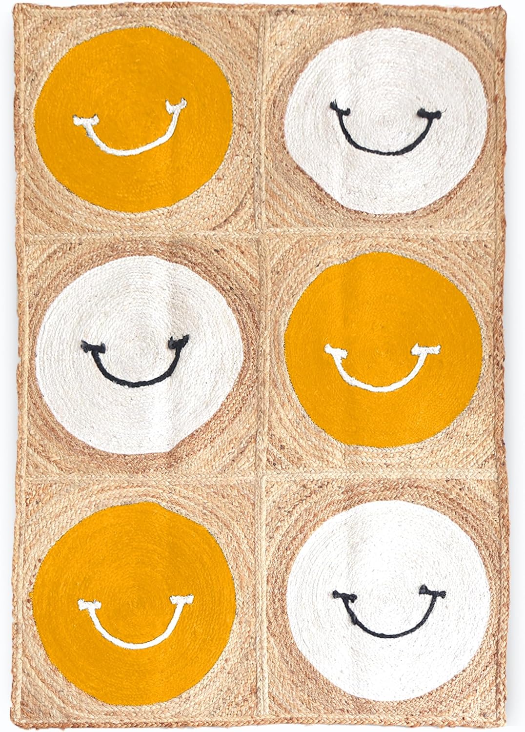 Premium Quality Jute Rug 12x15 Feet Area Rug Natural Fiber Jute Rugs Thick 0.27" Yellow & White Geometric Smiley Face Pattern Rugs for Living Room, Dining Table Area, Home Decor