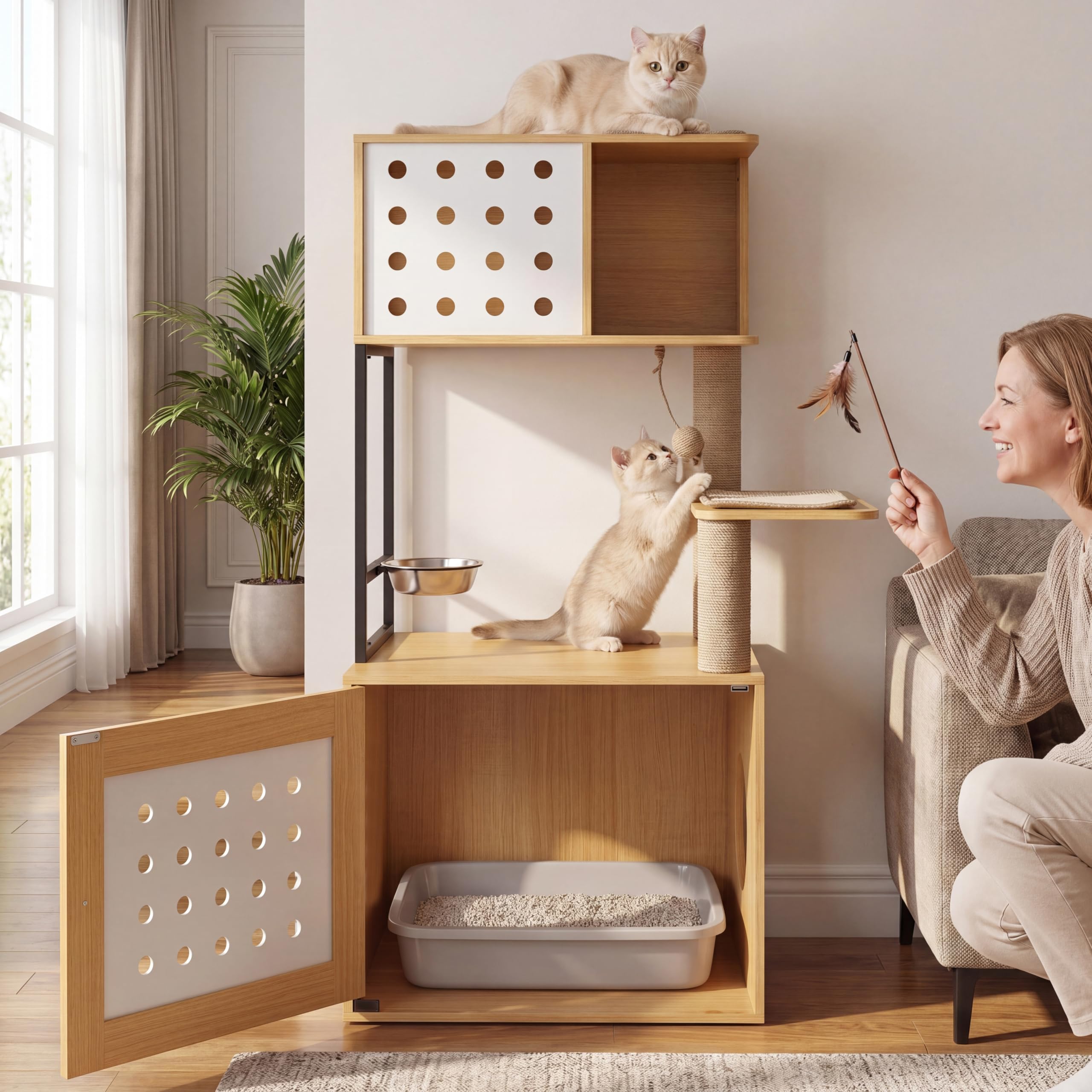 GOPLUS Árbol Rascador para Gatos de Múltiples Niveles, Altura 117,5 cm, Torre para Gatos con Recinto para Caja de Arena, Postes Rascadores de Sisal, Condo, Alimentación y Bola Colgante (Natural)