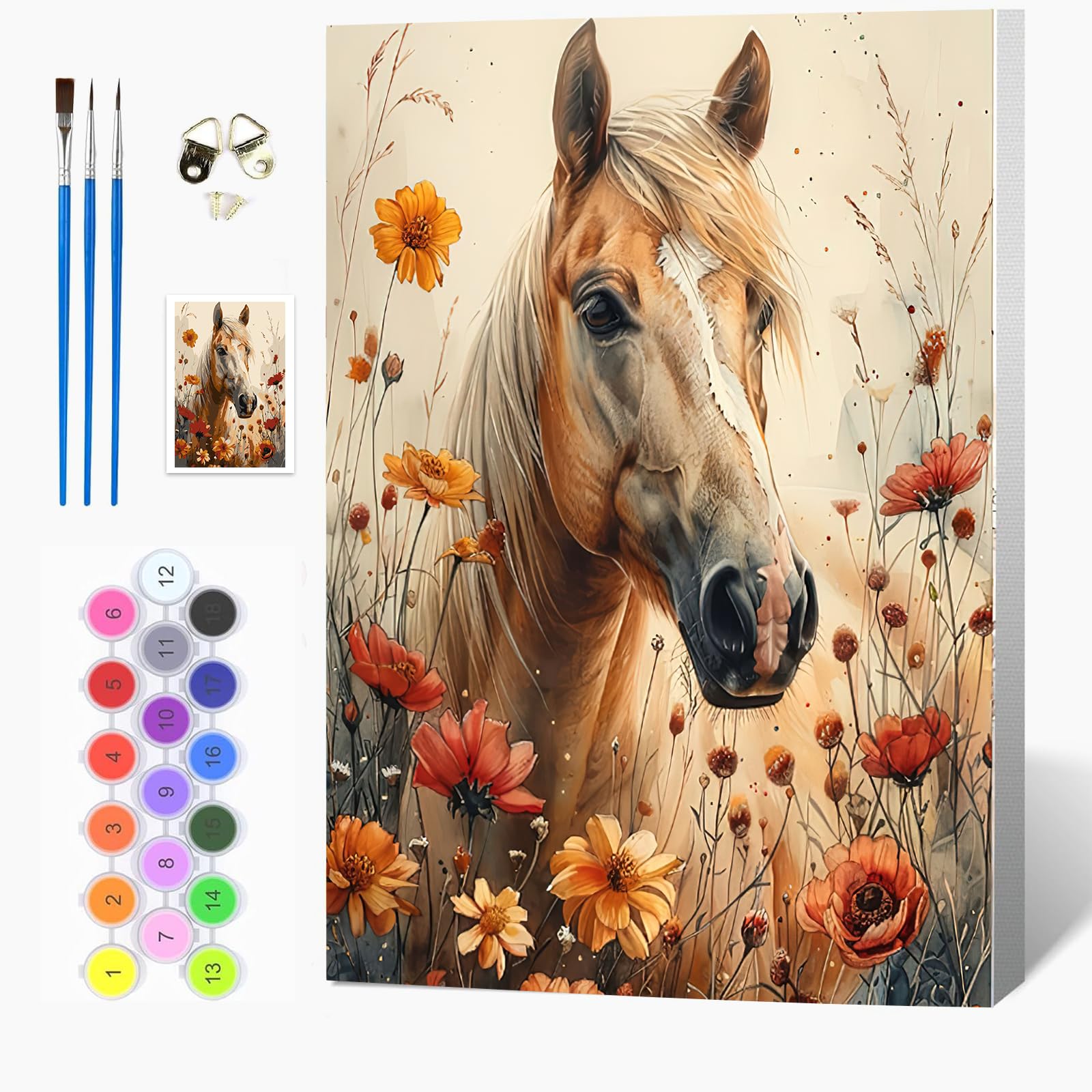 Auremi Horses Flowers Paint by Numbers Kits Kids Adults, Animal Painting by Number Kits On Canvas,Framed DIY Color Oil Painting Acrylic Paints,Home Wall Decor 20x30cm