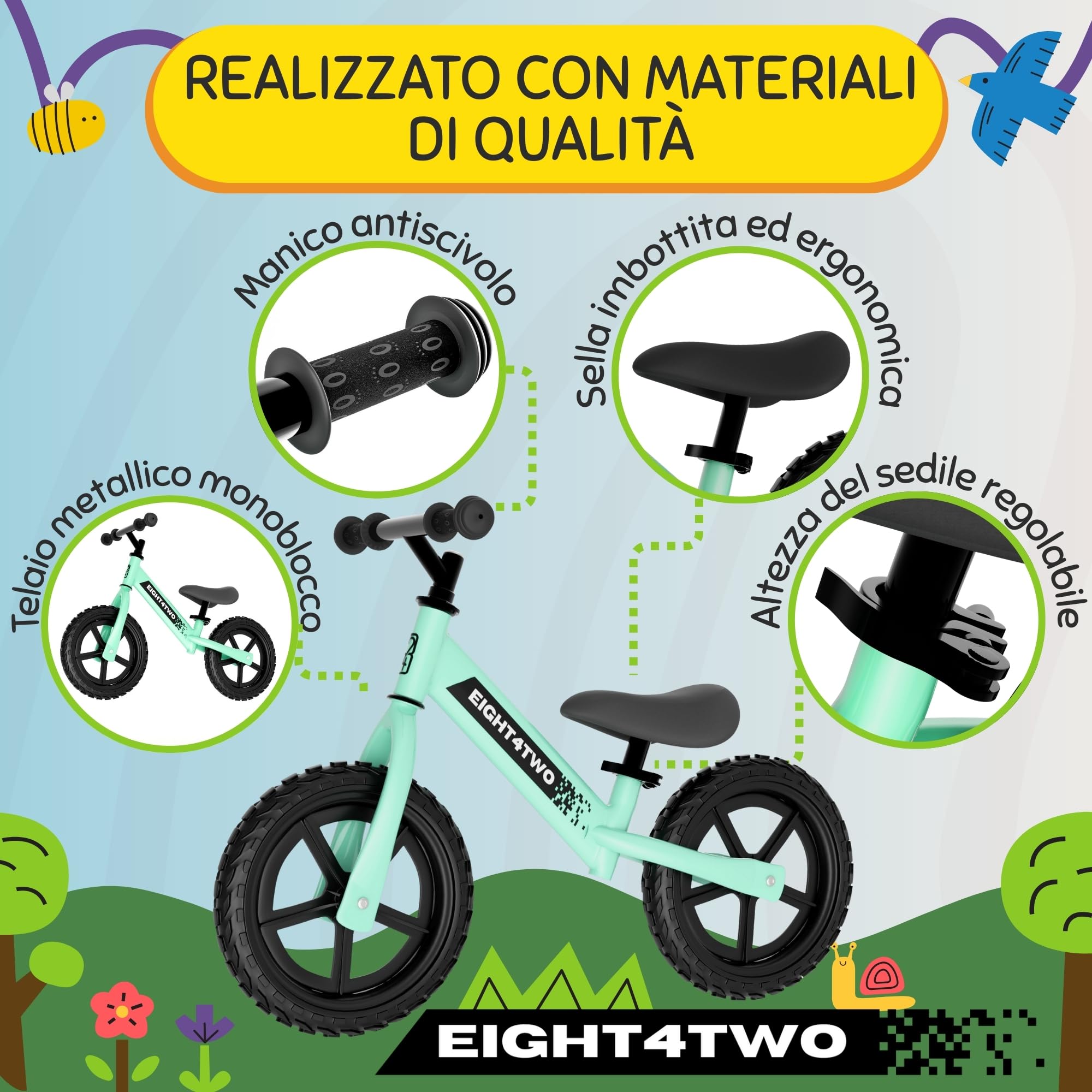 EIGHT4TWO Bicicletta senza pedali per bambini 2, 3, 4 e 5 anni - Bicicletta senza pedali Ideale per bilanciamento - Giocattoli per bambini di 2, 3, 4 e 5 anni.