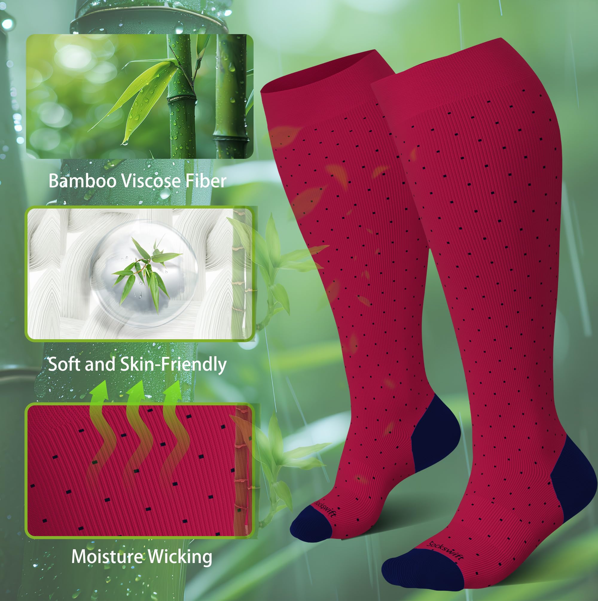 Sockswift Bamboo Viscose Plus Size Compression Socks Wide Calf 15-20mmHg Knee High Sock for Nurses, Pregnant Women, Travel