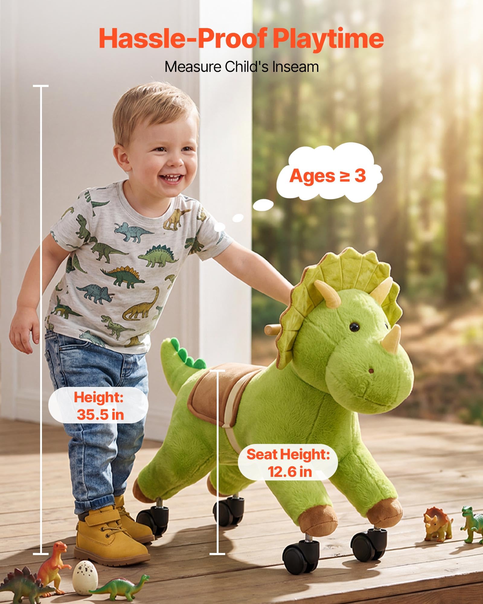 VEVOR Reitpferd auf Rollen 55cm, 40kg Belastbare Stehpferd mit Soundfunktion, Spielpferd mit Weichem Sitz Griffen & 360° Lenkrollen, Grüner Dinosaurier zum Draufsitzen & Reiten für Kinder ab 3 Jahren