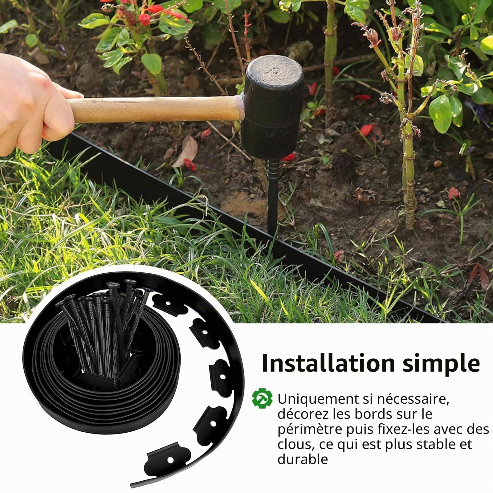 Bordure de Jardin Flexible Exterieur 10M, Bordure Jardin Hauteur 5cm avec 50 Clous et 1 Paire de Gants, Bordure Jardin Plastique, Bordure de Pelouse Flexible, Noir