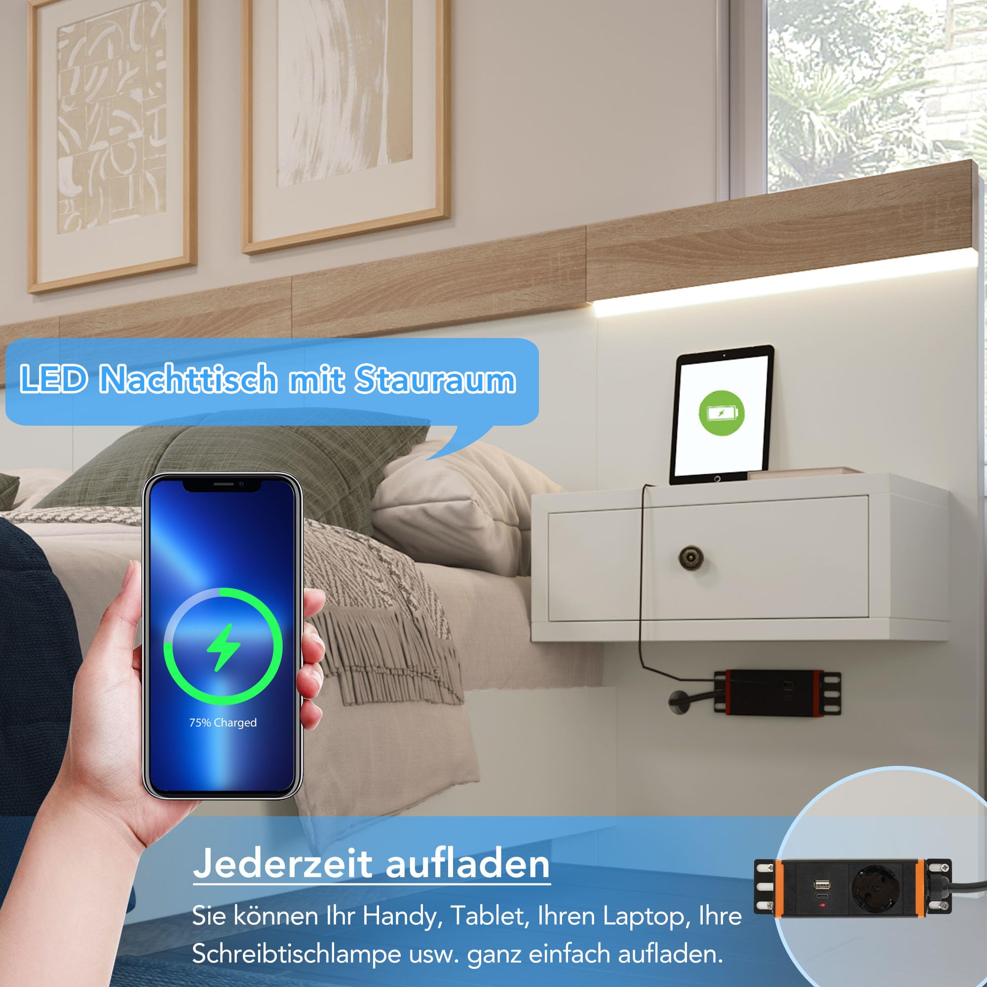 Doppelbett Bettanlage mit 2 LED Nachtkommoden& USB C Steckdose 180 x 200 cm Holzbett inkl. 2 Nachttischen Schlafzimmer Komplett-205x284x90.5 cm(T/B/H) Set in Eiche Sonoma/Weiß(Ohne Matratze)