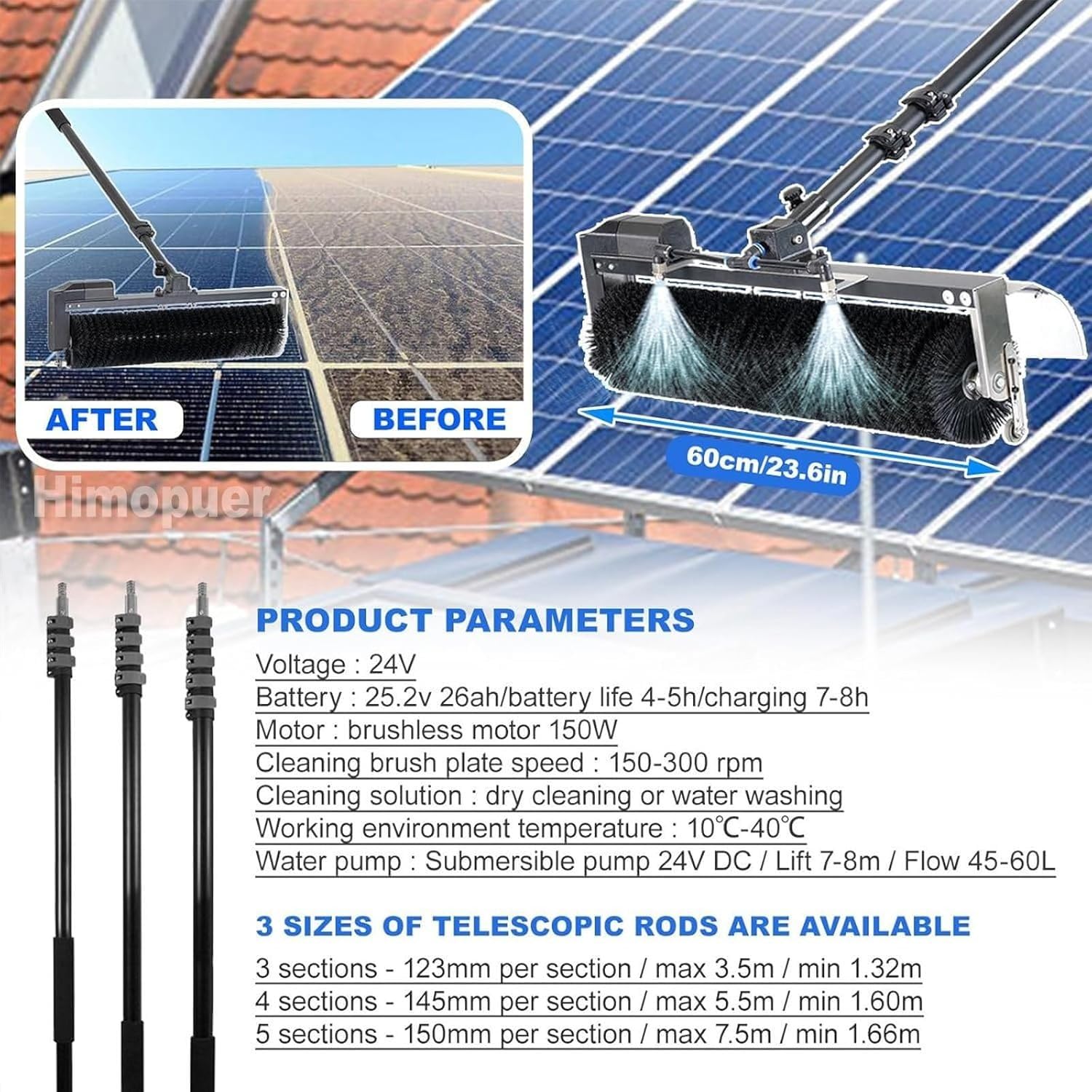Cepillo telescópico para Limpiar Paneles solares, ángulo Ajustable de 360°, Mango de 5,5 Metros para Cristales de caravanas, letreros de Tiendas y Vallas publicitarias.