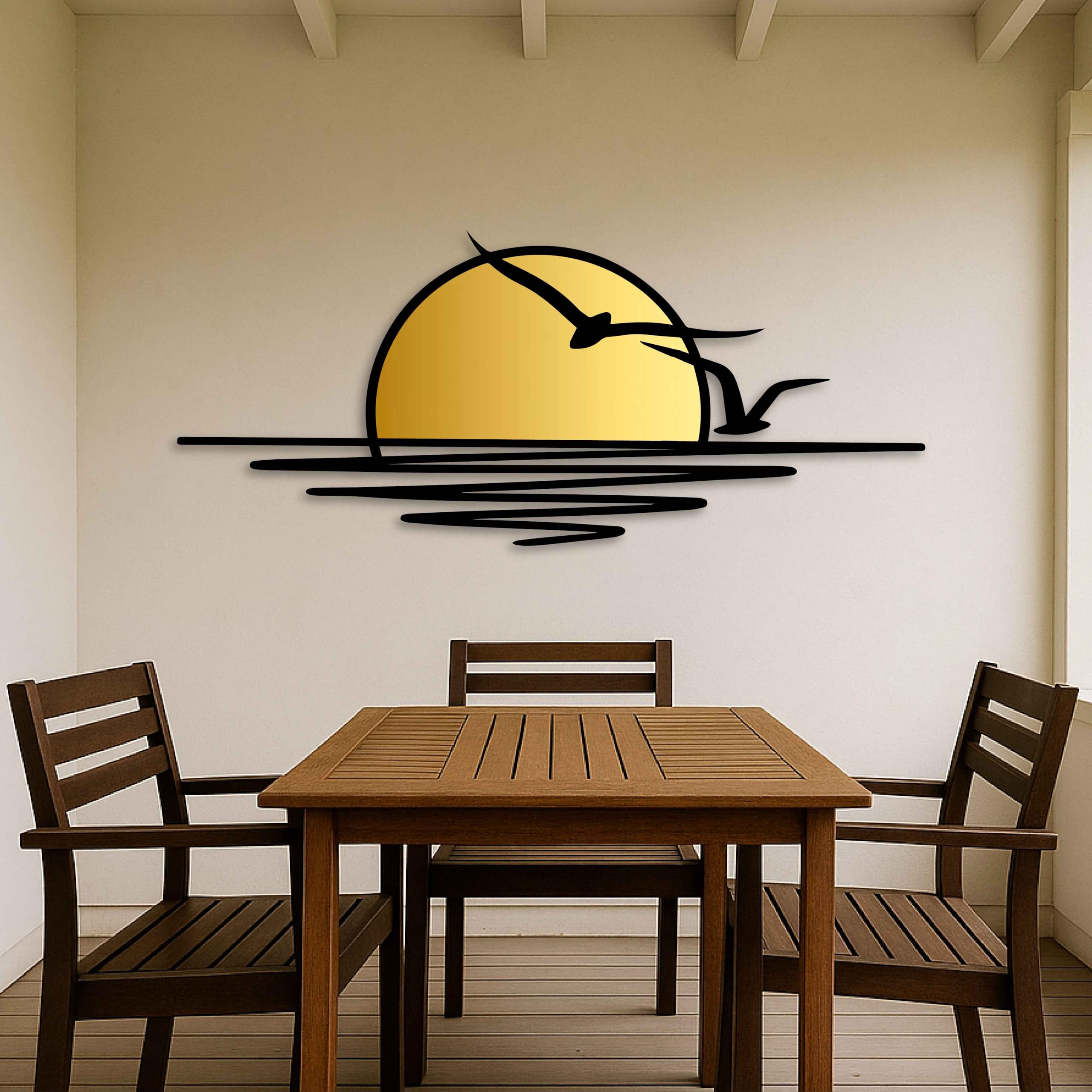 Decoración de pared de metal dorada con pájaros volando, decoración de pared extra grande con puesta de sol y gaviotas para patio, sala de estar o dormitorio, escultura de pared moderna de metal negro