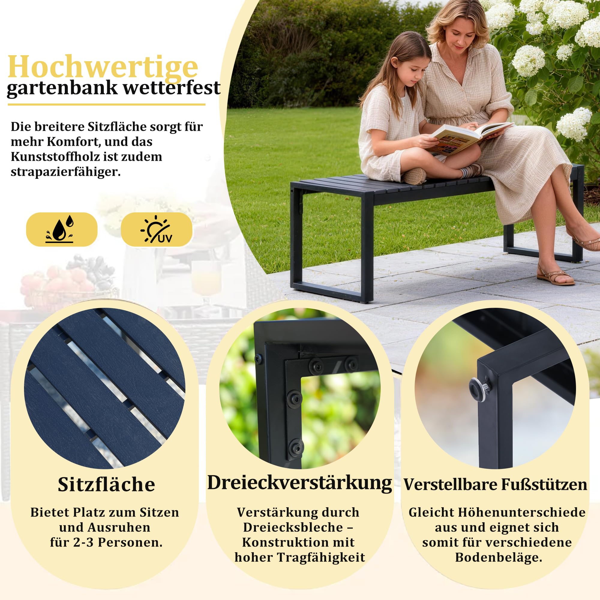 Mingone 2 Sitzer Gartenbank Wetterfest, Schwarz 120 x 40 x 45 cm | Bank Outdoor , Holz & Metall,Für Garten Balkon & Flur, Sitzbank 200 kg Belastbarkeit