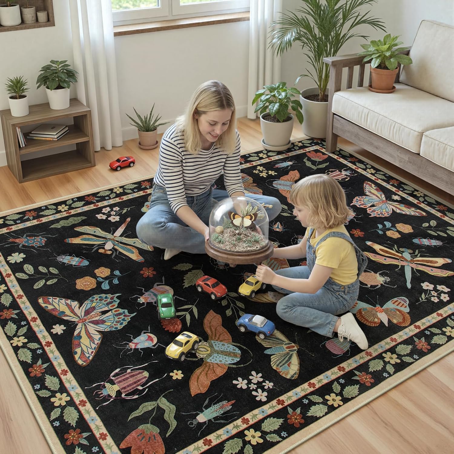 Beeiva Insect Print Rug 5x7, Washable Rugs for Living Room, Boho Non Slip Low Pile Ultra Thin Foldable Large Carpet for Office Bedroom Kids Room Playroom Apartment Dorm Classroom Decor(Black,5x7ft) - Image 2