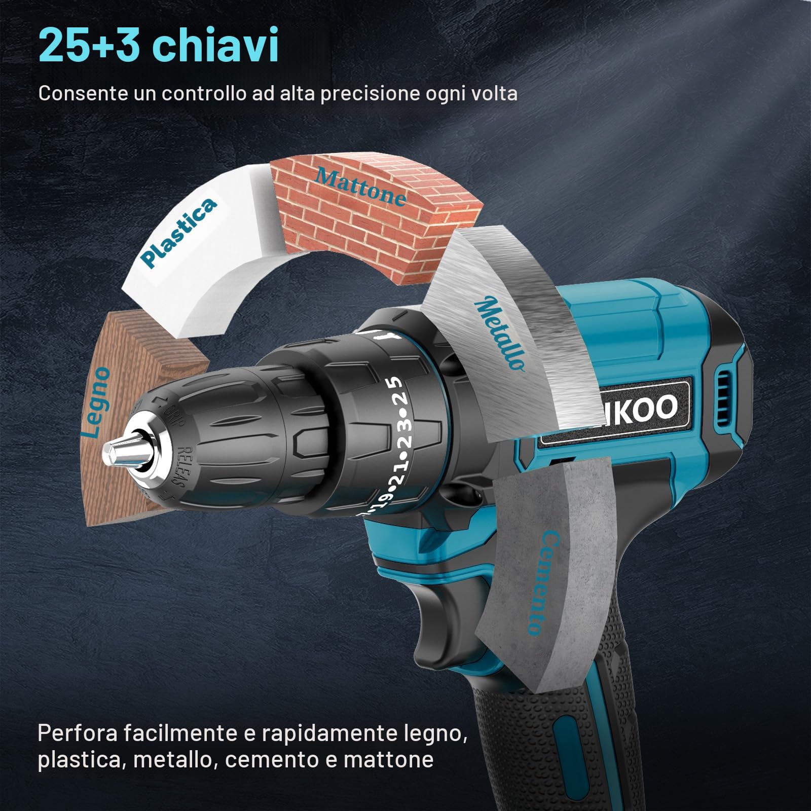 Trapano Avvitatore Batteria 21V, LEEIKOO Avvitatore a Batteria con Batterie 2.0Ah, 42N.m Avvitatore Elettrico, 25+3 Coppie, 2 Velocità, LED Luce(Sotto la Maniglia), 23PCS Accessori per Fai da te
