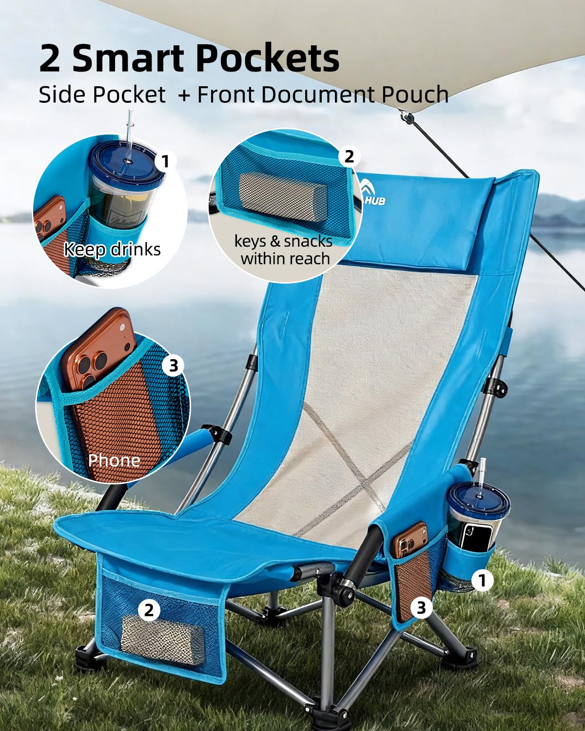 Abahub Strandstuhl Klappbar 120Kg mit Hochlehner Tragetasche Blau | Leicht Beach Chair Campingstuhl Faltbar Strandsitz Campingstuhl Klappstuhl Strand Bequem Tragbar Outdoor Camping 2 Stück