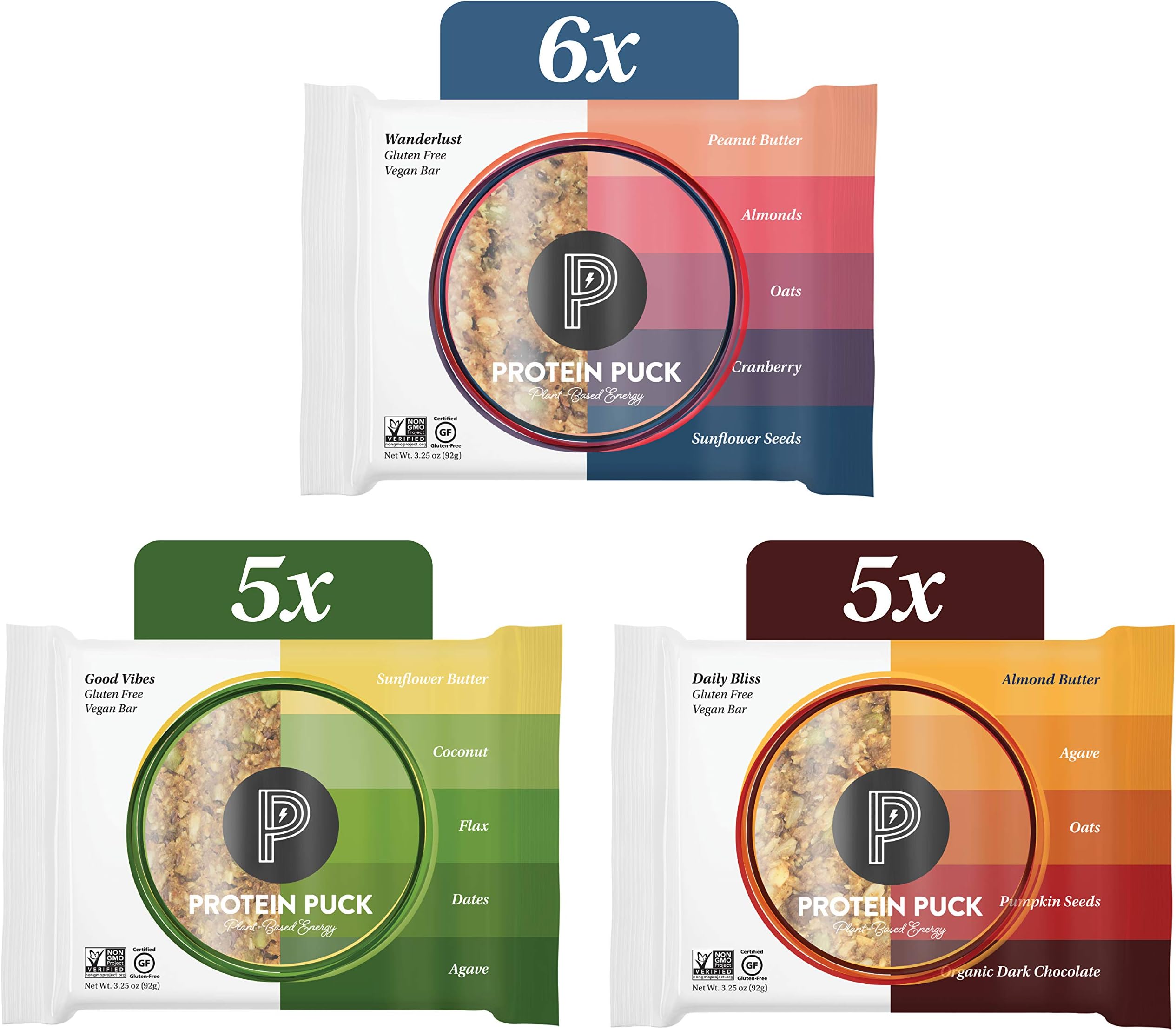 Protein Puck 3 Flavor Protein Bar Variety Pack (6 Peanut Butter, 5 Almond Butter, 5 Sunflower Butter)