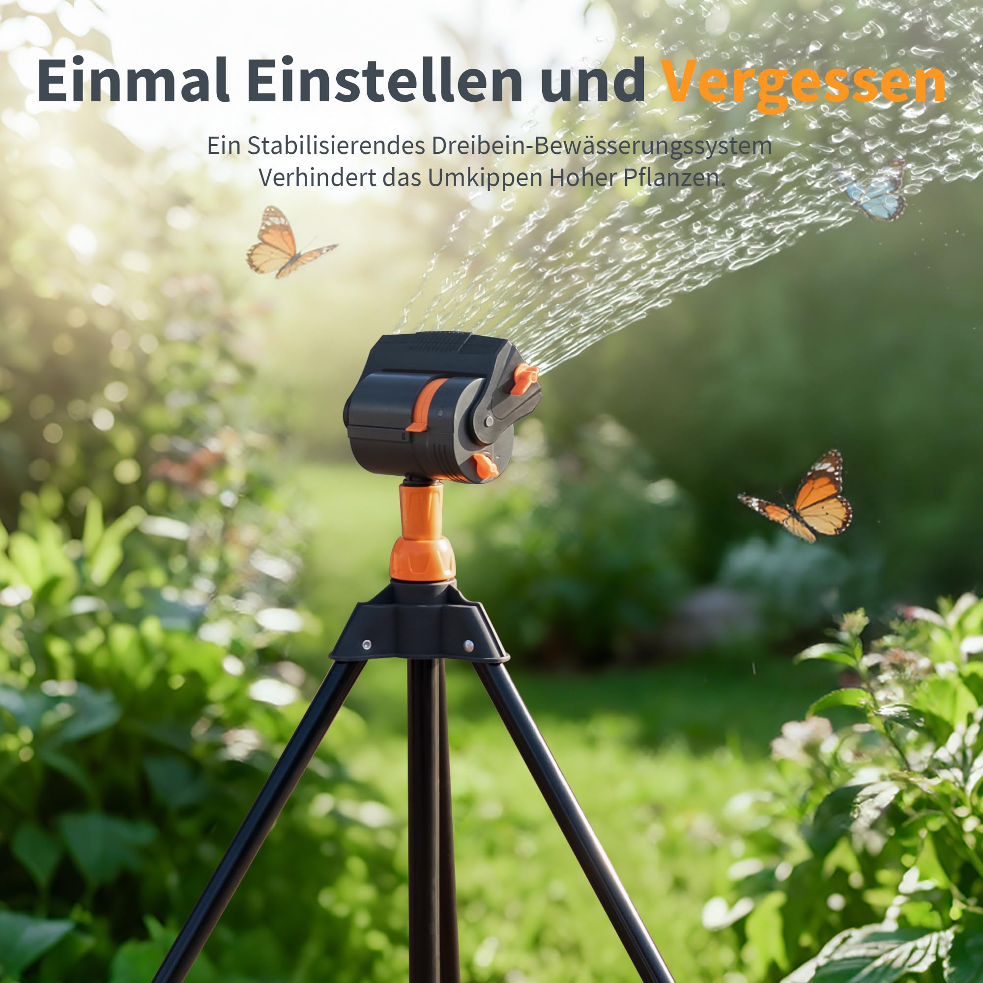 Diivoo Oszillierender Rasensprenger, Gartensprenger mit Dreibeinstativ, Viereckregner mit Messinganschluss, Wassersprinkler Einstellbare Breite, Reichweite und Durchflussrate, 16 Düsen, Grau