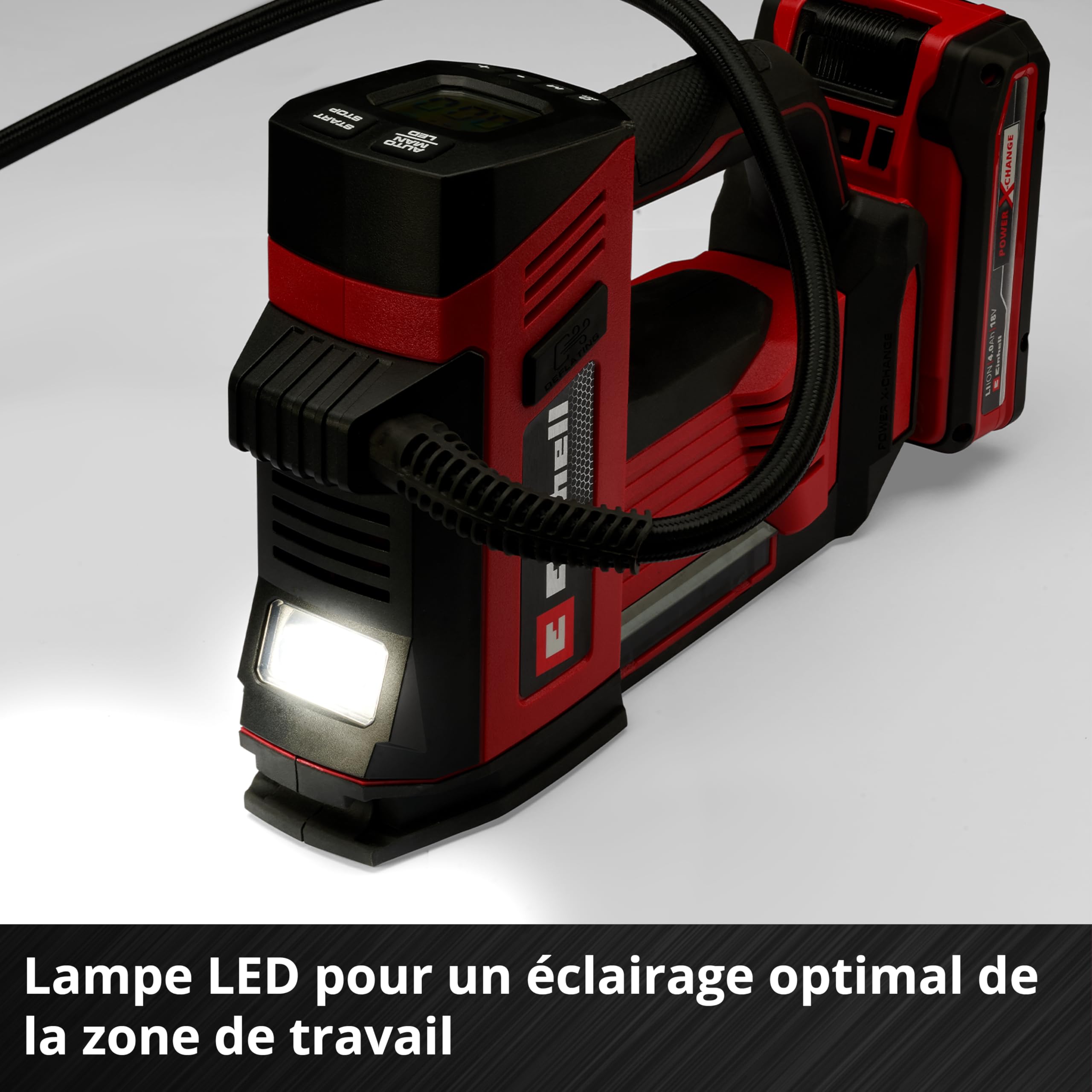 Compresseur sans fil Einhell CE-CC 18/23 D Li-Solo Power X-Change (18 V, 11 bars max, manomètre avec écran LCD, fonction d’arrêt automatique, sans batterie)