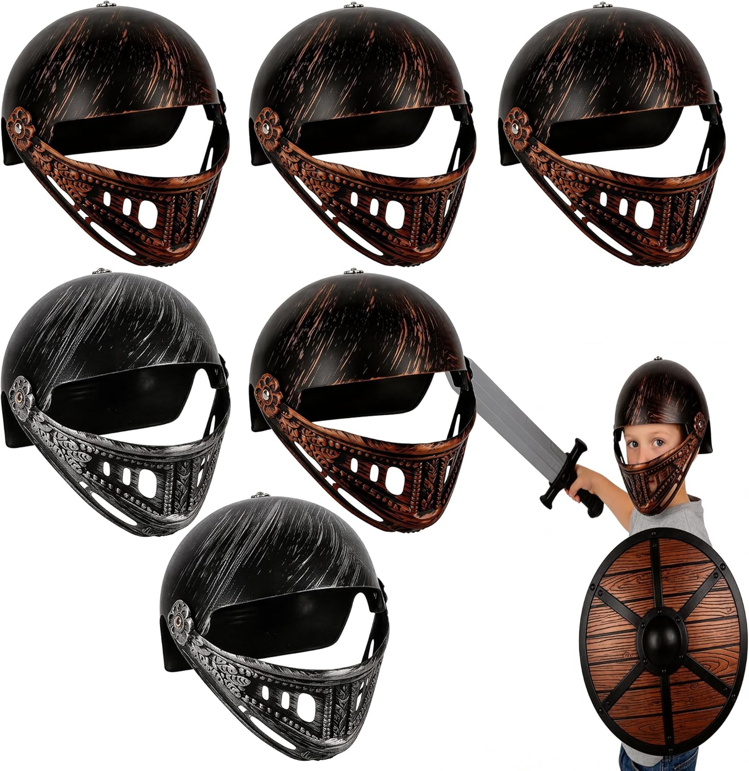 6 Pack Knight Helmets with Flip Up Mask Visor for Medieval Crusader Warrior Armor Prop Halloween LARP Costume for For Children aged 3-5