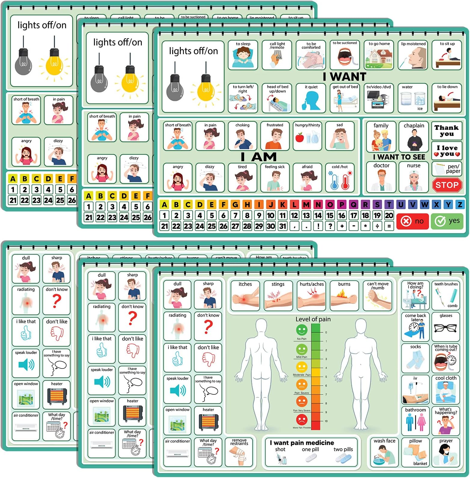 Eaasty 6 Pcs Patient Communication Board Nonverbal Communication Board Colorful Picture Symbol Communication Cards for Nonverbal Children Adults (Green)
