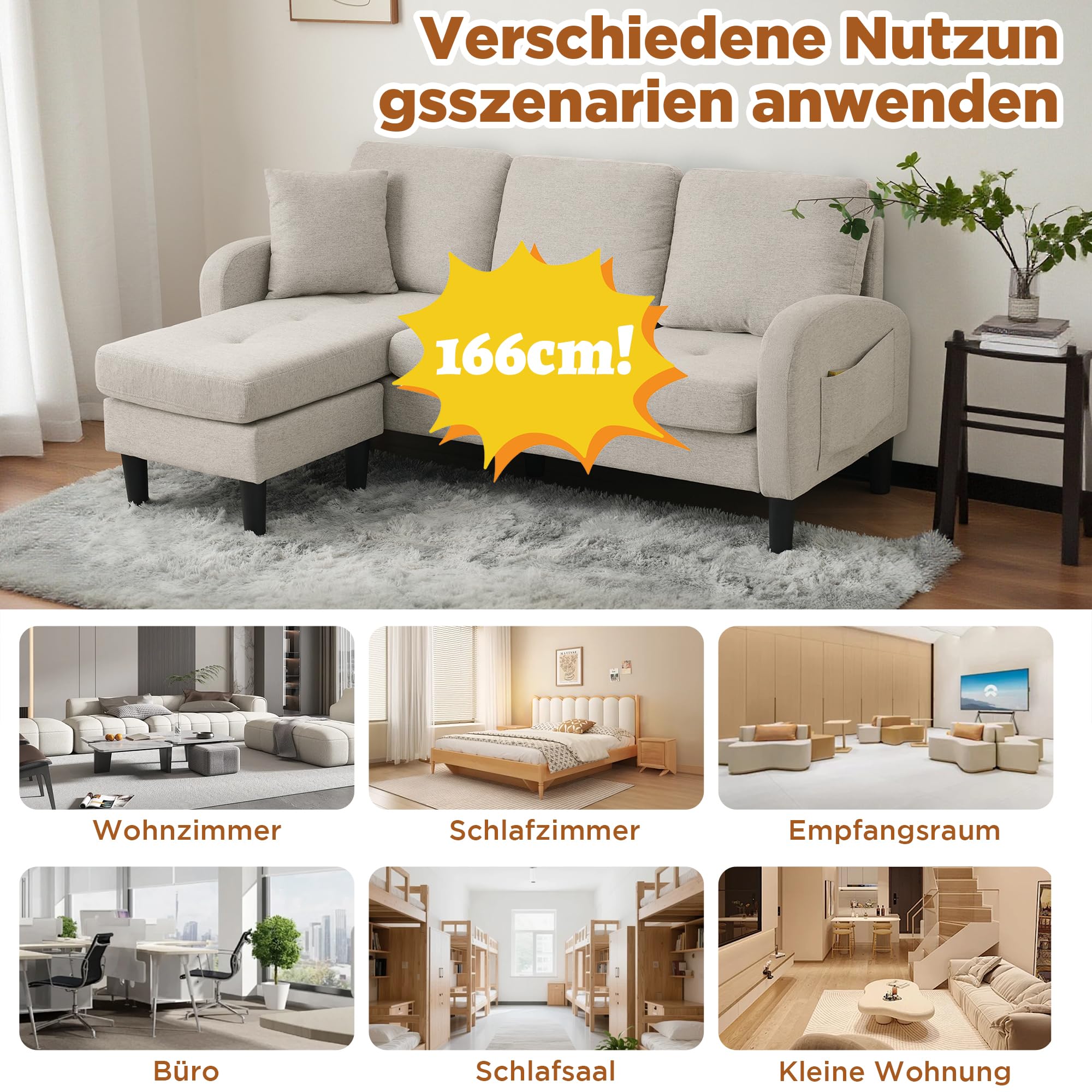 Sofá esquinero modular en forma de L, sofá cama pequeño de 3 plazas con chaise longue y reposapiés, sofá para apartamentos pequeños, gris (Beige Gray+White, 3 plazas)