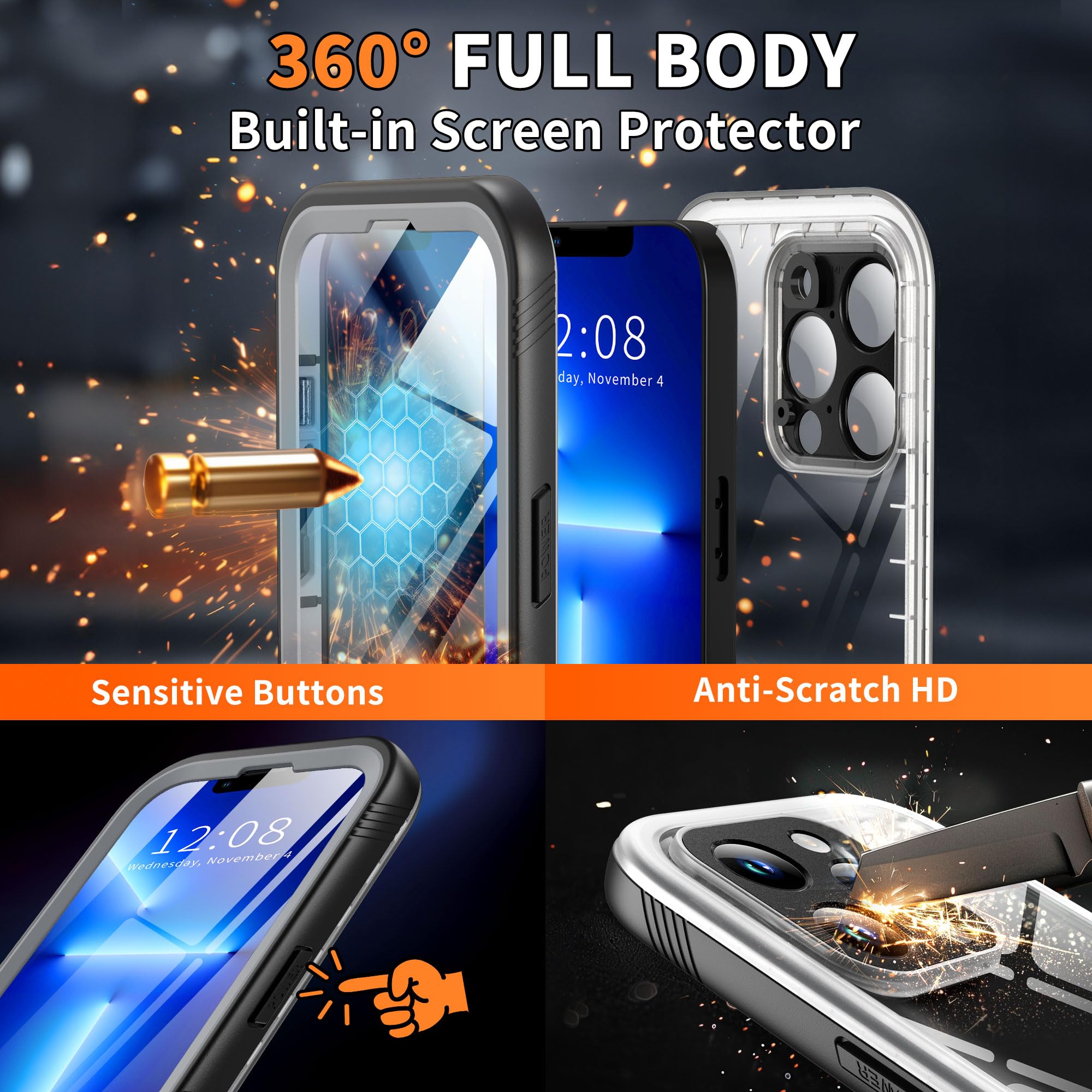 Cozycase Ultra Resistente Funda para iPhone 13 Pro MAX Impermeable Antigolpes Militar Transparente 360 Grados Carcasa 13 ProMax Doble Waterproof Acuatica Sumergible Agua con Protector Camara Pantalla