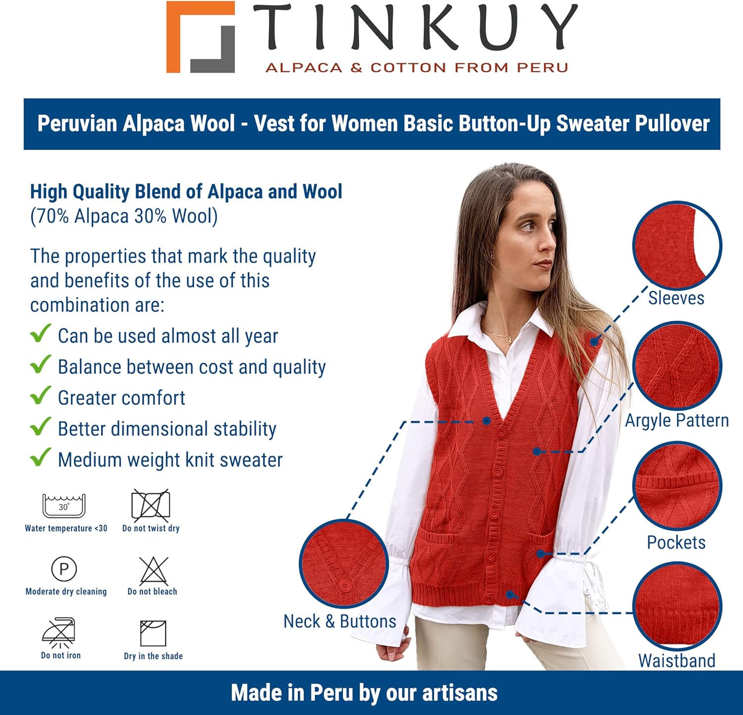 TINKUY Peru Women’s Alpaca Wool V Neck Argyle Cardigan Vest S-4XL - Image 5