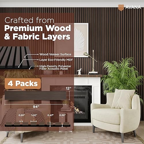 Miniatura 4 de Avana Paneles de pared de madera acústica de 94.4 x 12.6 pulgadas, 4 unidades, paneles acústicos de nogal oscuro, paneles de pared para decoración