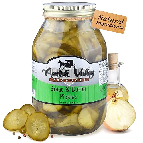 Amish Valley Products Encurtidos de pan y mantequilla, cuartos de vidrio totalmente naturales (un frasco de un cuarto de galón - 32 onzas)