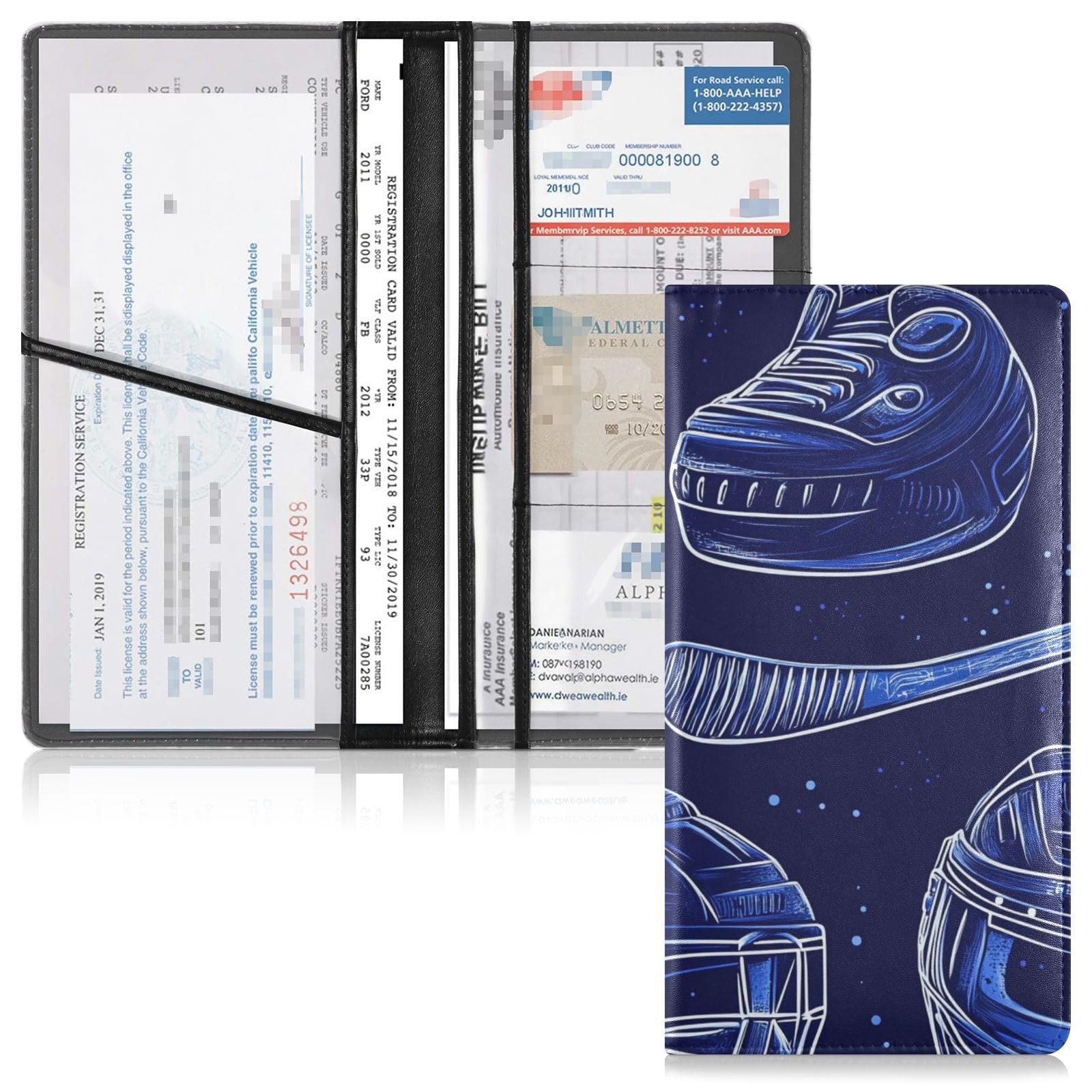 EtherSpher Ice Hockey Pattern Blue Premium Leather Toursuit car registration and insurance card holder Essential Car Wallet Case for Cards, Essential Document Driver License