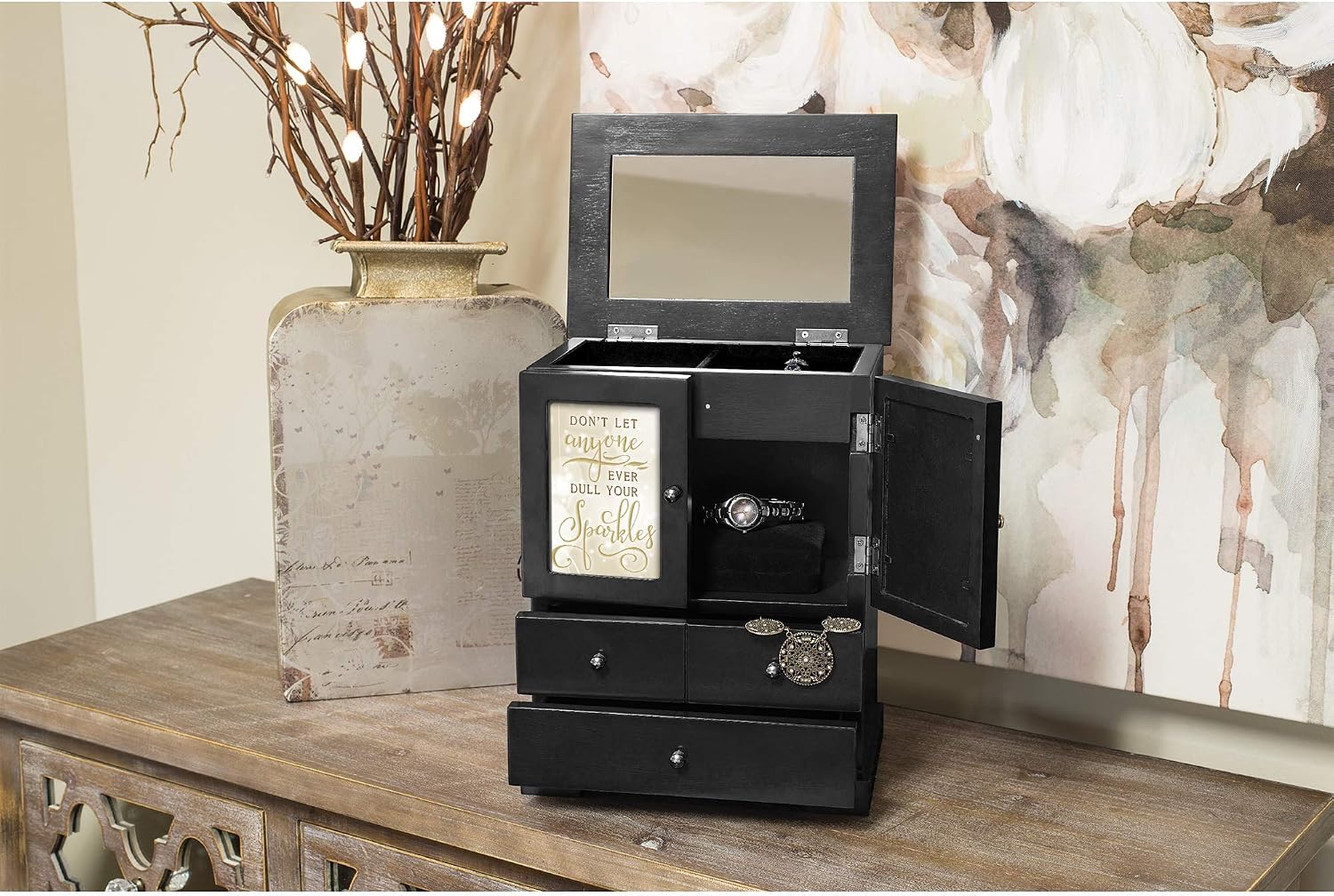 Elanze Designs Don't Let Anyone Dull Sparkles 12 x 10 Black Wood Finish Jewelry Armoire