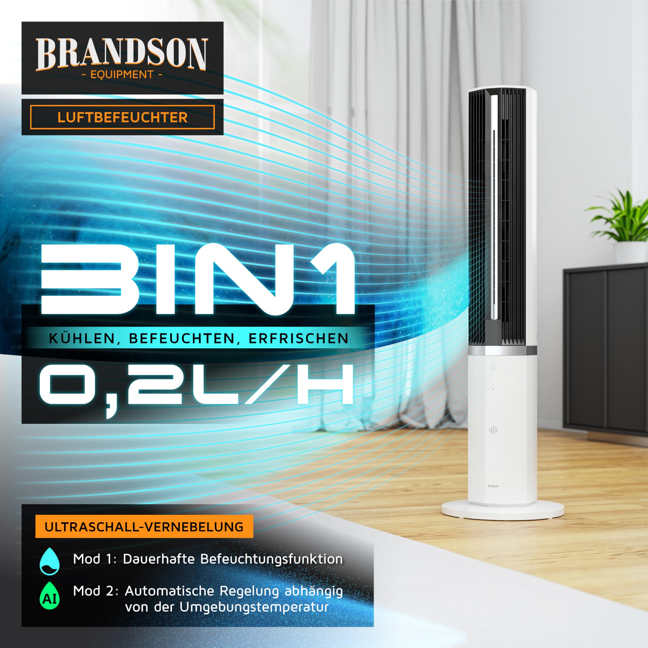 Brandson - mobiles Klimagerät inkl. Luftbefeuchter - Sieger Ventilatoren und Luftkühler 2026 - Turmventilator mit Wasserkühlung - DC Motor sehr leise – 12 Geschwindigkeiten - Fernbedienung