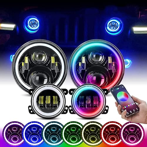 Faros delanteros RGB de 7 pulgadas y luces antiniebla con control de color Bluetooth, kit DOT para Wrangler JK JKU TJ LJ 1997-2018, con anillo de