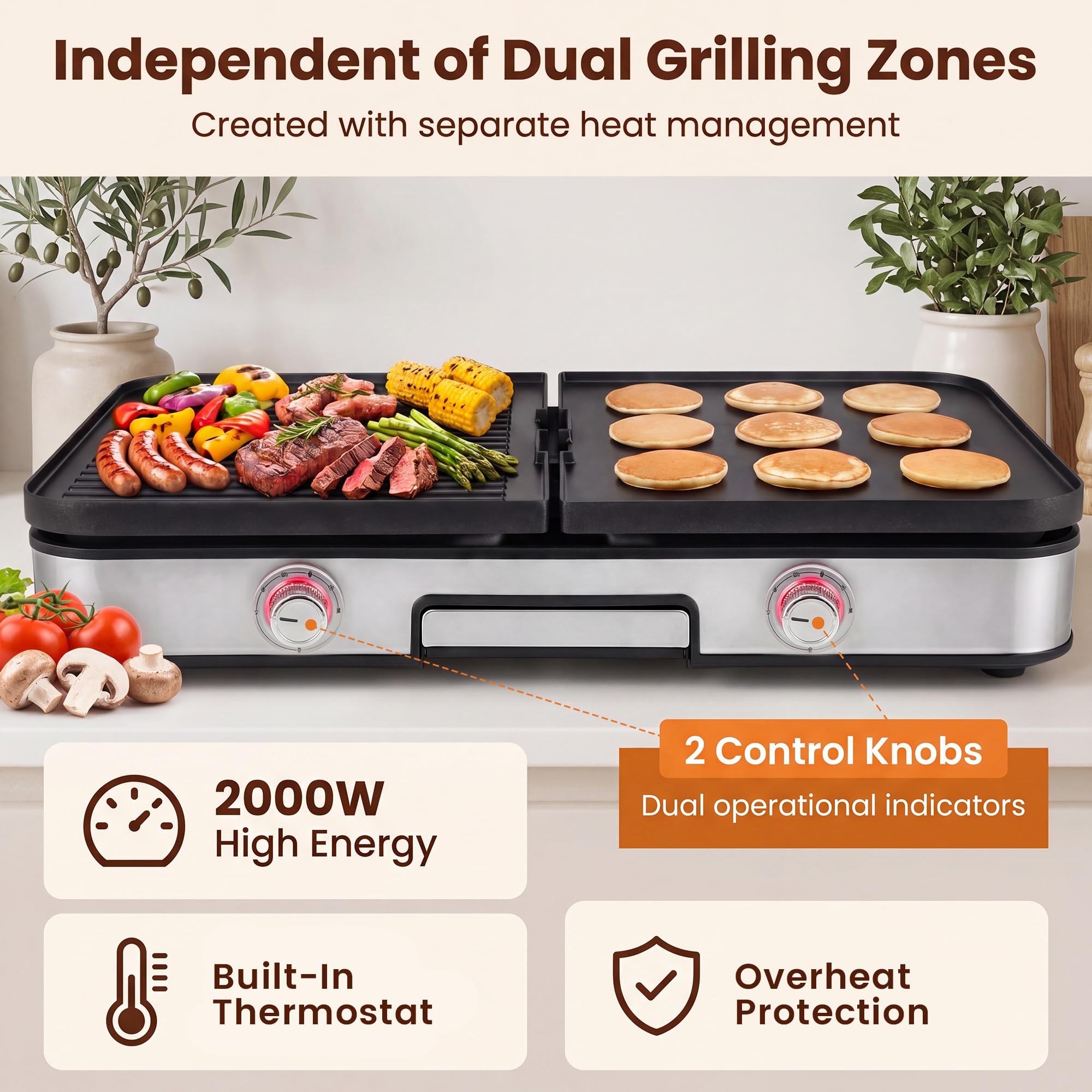 LIFEZEAL Griglia Elettrica 2000W, Barbecue Elettrico Con 2 Piastre Reversibili, Regolazione Individuale Della Temperatura, Vassoio Raccolti-grasso Lavabile, Per Casa, Balcone E Campeggio