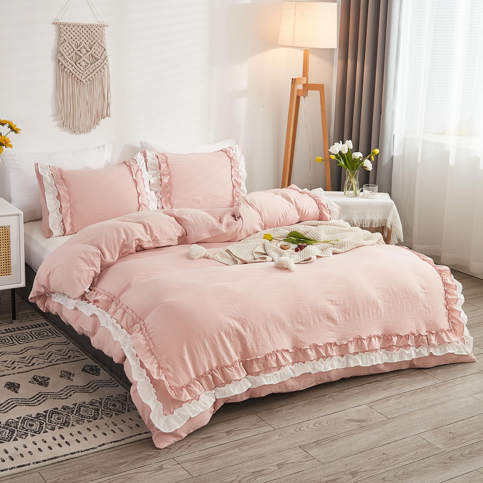 Set di biancheria da letto Herside, con copripiumino a ruche rosa e bianco, design a strati a ruche, stile boho per ragazze, 1 copripiumino e 2 federe (Bianco-rosa, matrimoniale)