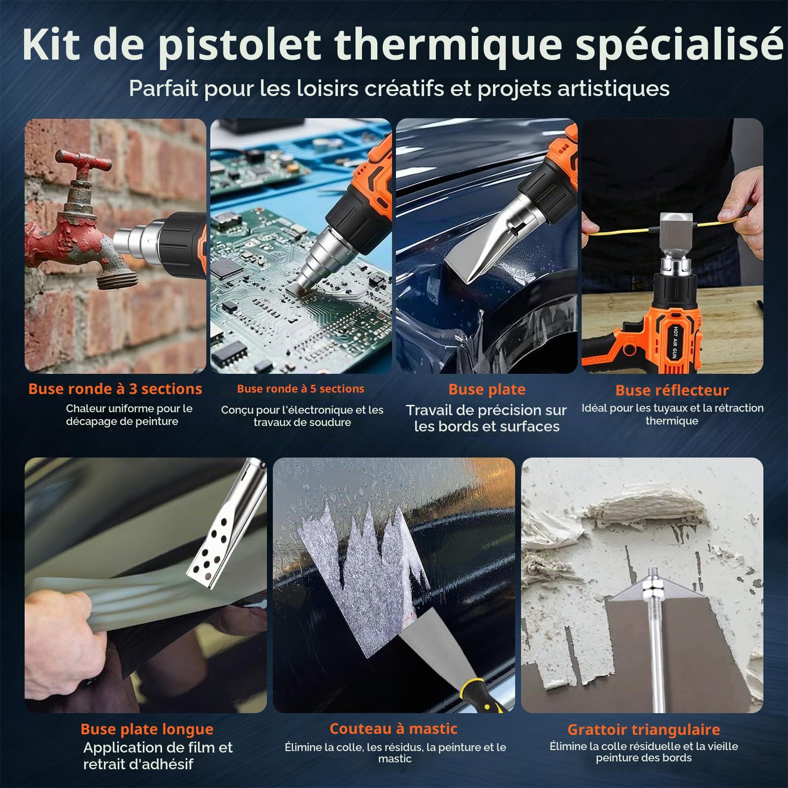 Pistolet à air chaud sans fil, avec 2 batteries 5,0 Ah, 260 °C / 530 °C, outil de soudage plastique sans fil, kit de souffleur d'air chaud sans fil comprenant 5 buses et 2 grattoirs