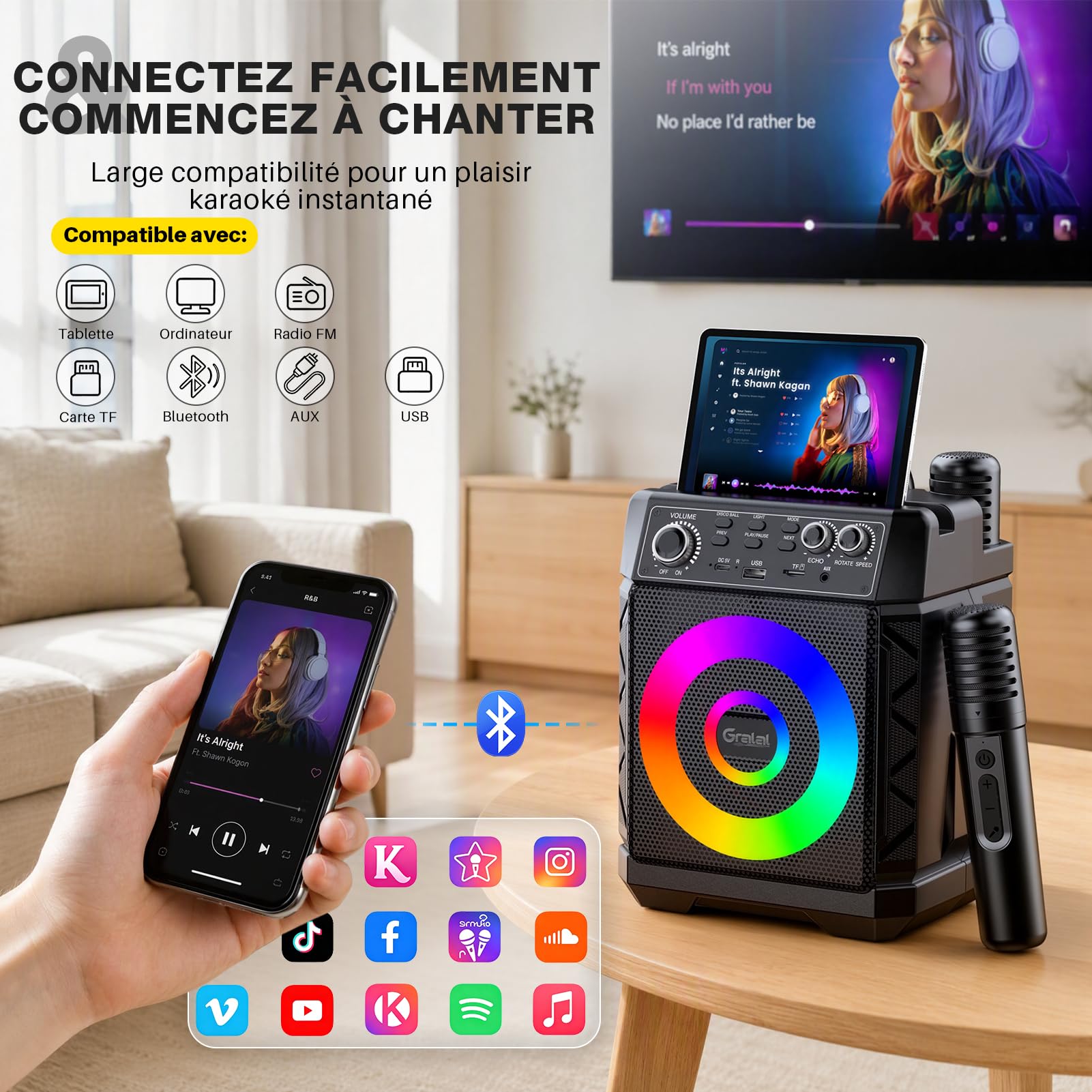 Karaoke Adulte, Lumières Disco & Recharge Magnétique des 2 Micros, Micro Karaoke Enfant Compatible avec TV/Smartphone/AUX/USB pour Les fête, Les Anniversaire, Les Voyage