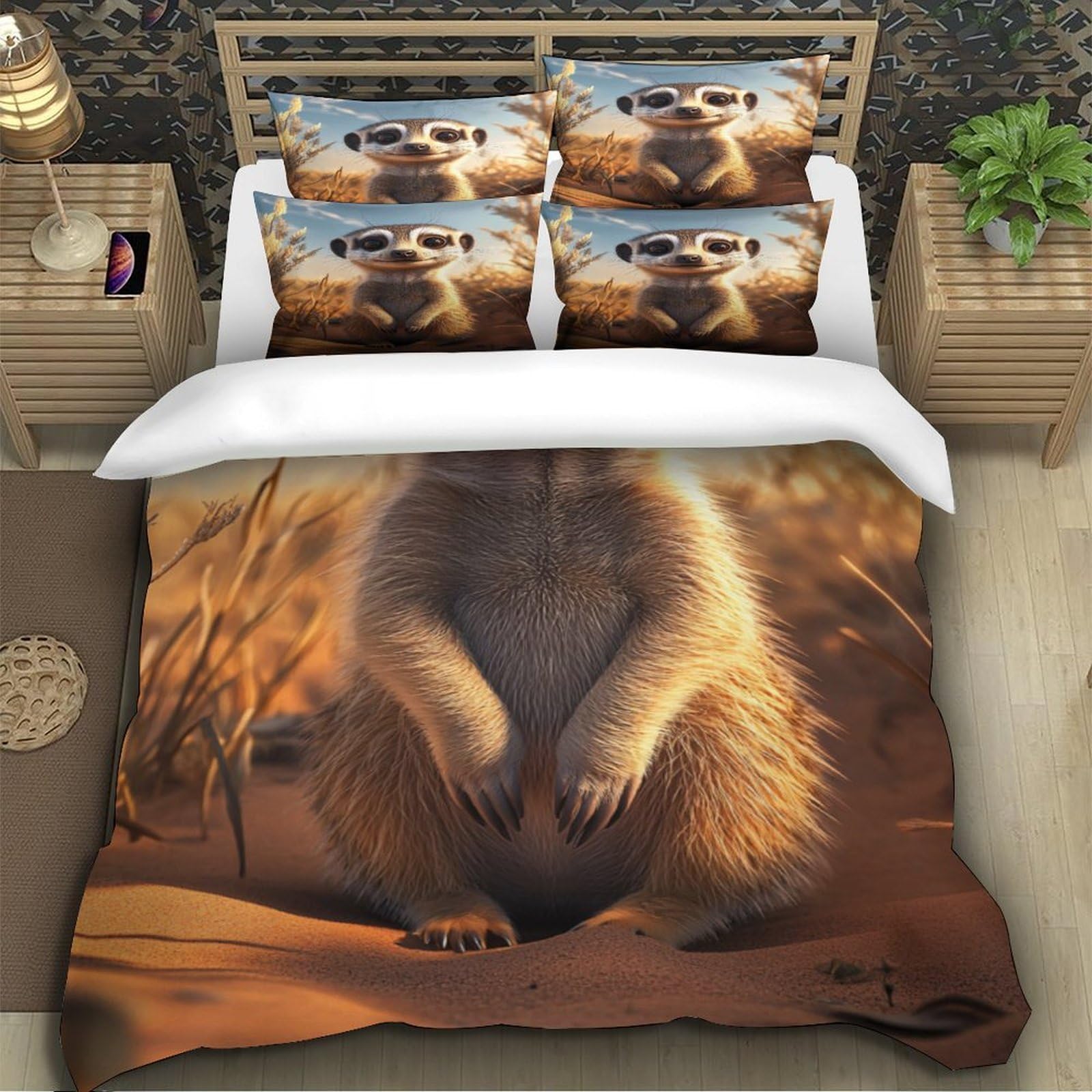 Suricato carino 3D Stampa Coperta Letto 3pz Microfibra Resistente Fumetto digitale Coperteletto 2 federe Traspirante Arredo Camera Adulti Super king（260x220cm）