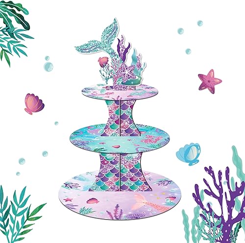 Miniatura 2 de Soporte para tartas de sirena, soporte para cupcakes para cumpleaños de niños, soporte para cupcakes de sirena de 3 niveles, soporte para cupcakes