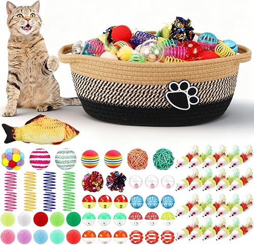 Sosation Juego de 70 bolas para gatos, juguetes para gatos de interior, cesta de almacenamiento de 11.8 pulgadas, divertidos juguetes interactivos