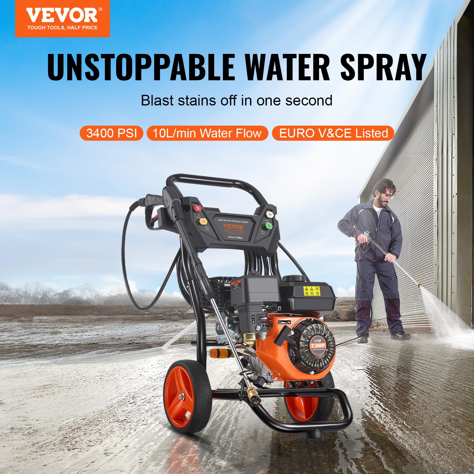 VEVOR Benzin-Hochdruckreiniger, 3400 PSI 2,6 GPM, Terrassenreinger 10 L/min mit Aluminiumpumpe, Hochdruckpistole & Verlängerungsstab, 5-Düsen-Set, für Autos, Zäune, Häuser, Terrassen, vertikal