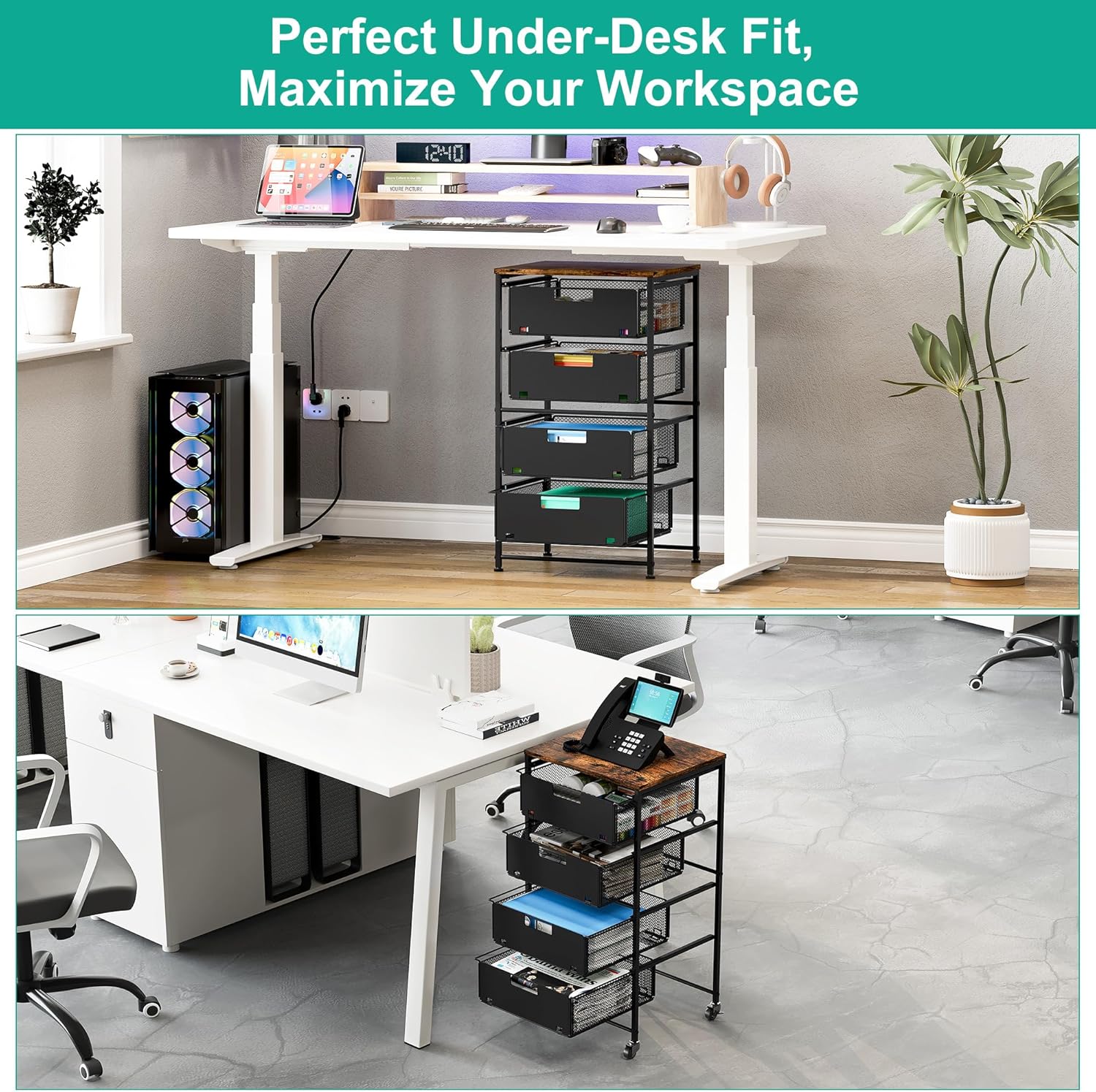 4-Drawer Storage Organizer, Under Desk Rolling File Cart with Lockable Wheels, Multi-Layer Mobile Filing Cabinet, Utility Craft Cart for Home Office,Black - Image 6