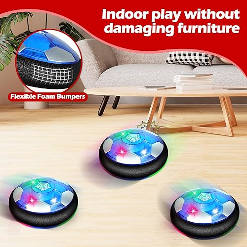 Miniatura 6 de Juego de pelota de fútbol Hover 3 en 1, incluye 2 juguetes LED de hockey y pelota de fútbol, porterías rojas y blancas para interiores, juguete