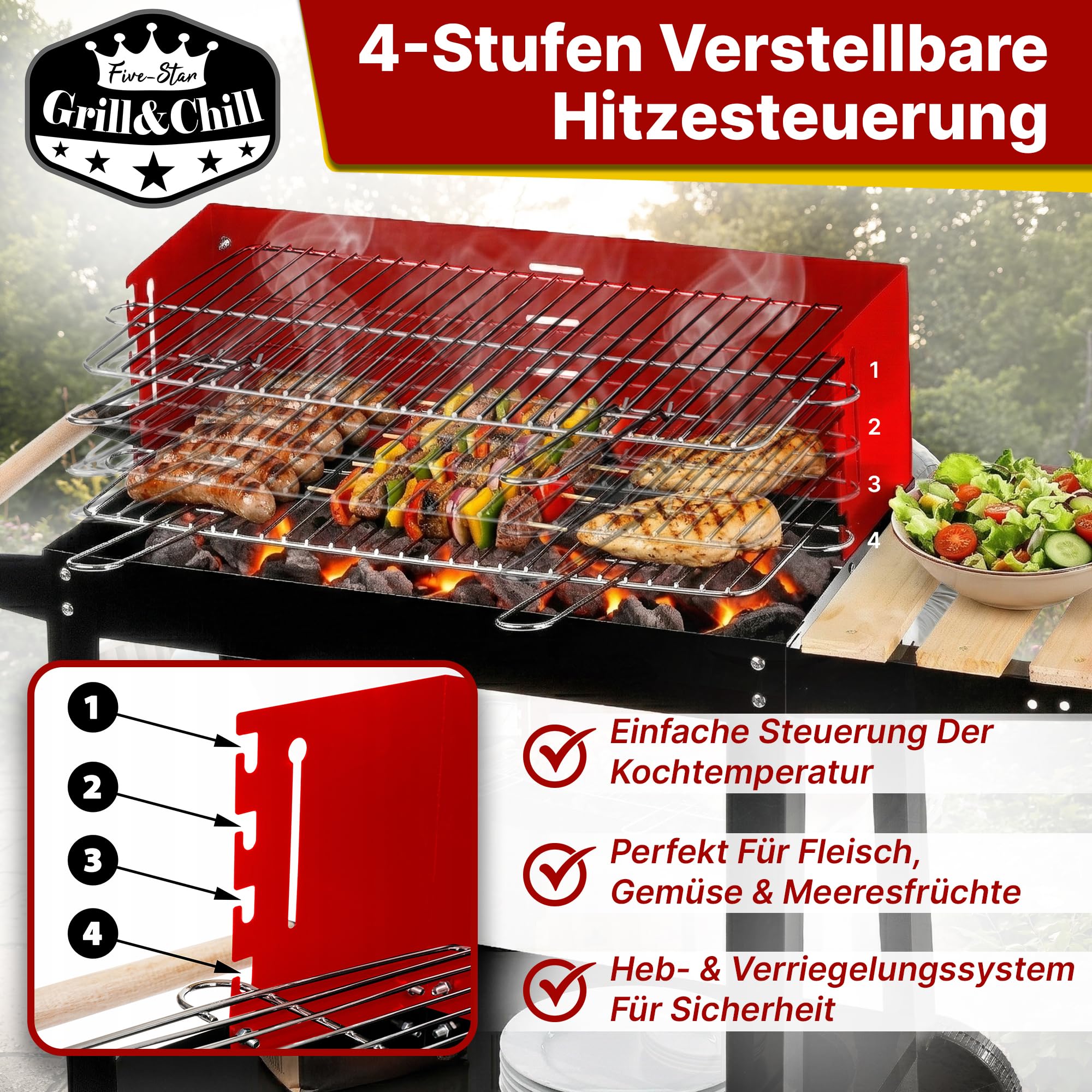 Five-Star Grill&Chill Holzkohlegrill – Verchromter Doppelrost 50 × 26,5 cm, 4-fach höhenverstellbar – Mobil mit Rädern & Holzablage – Für Garten, Balkon & Camping – Emaillierte Feuerschale