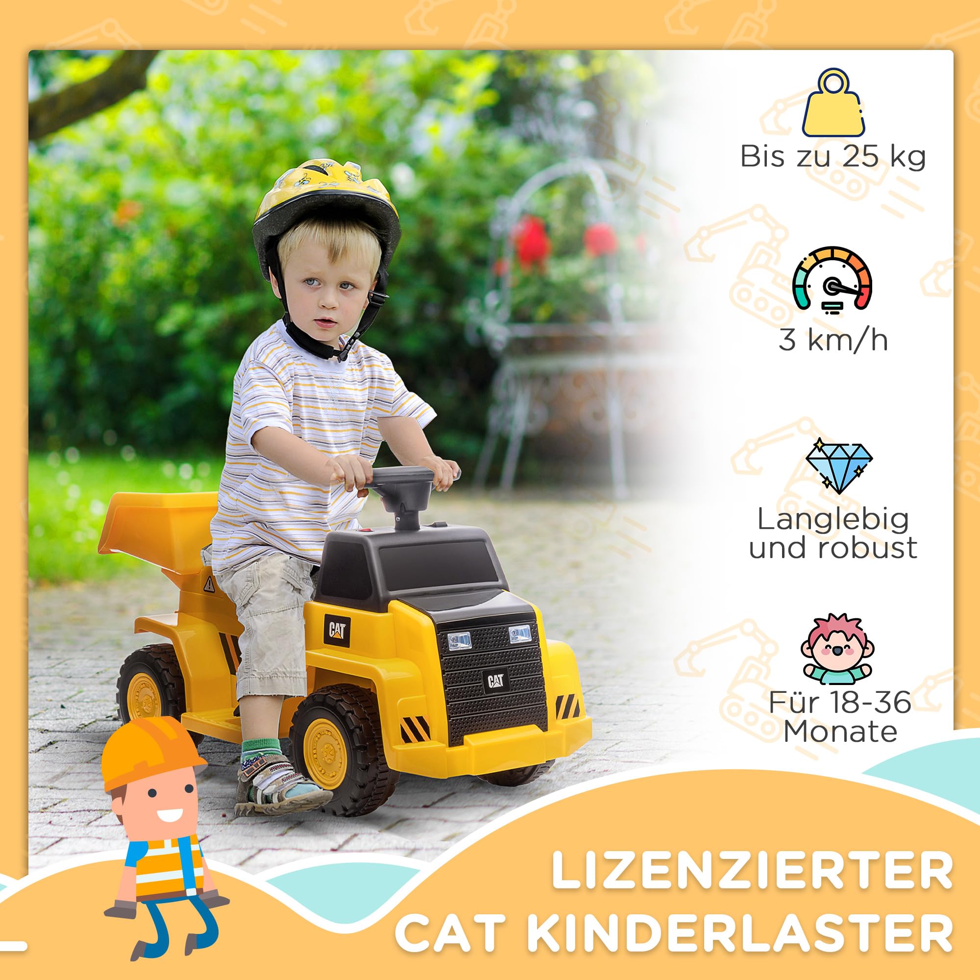 HOMCOM Elektro Kindertraktor mit Kippbarer Ladefläche 1,5-3 Jahre Gelb | Spielfahrzeug, Hupe, Elektroauto für Kinder, Aufsitztraktor mit Scheinwerfer, max. 3 km/h, Metall