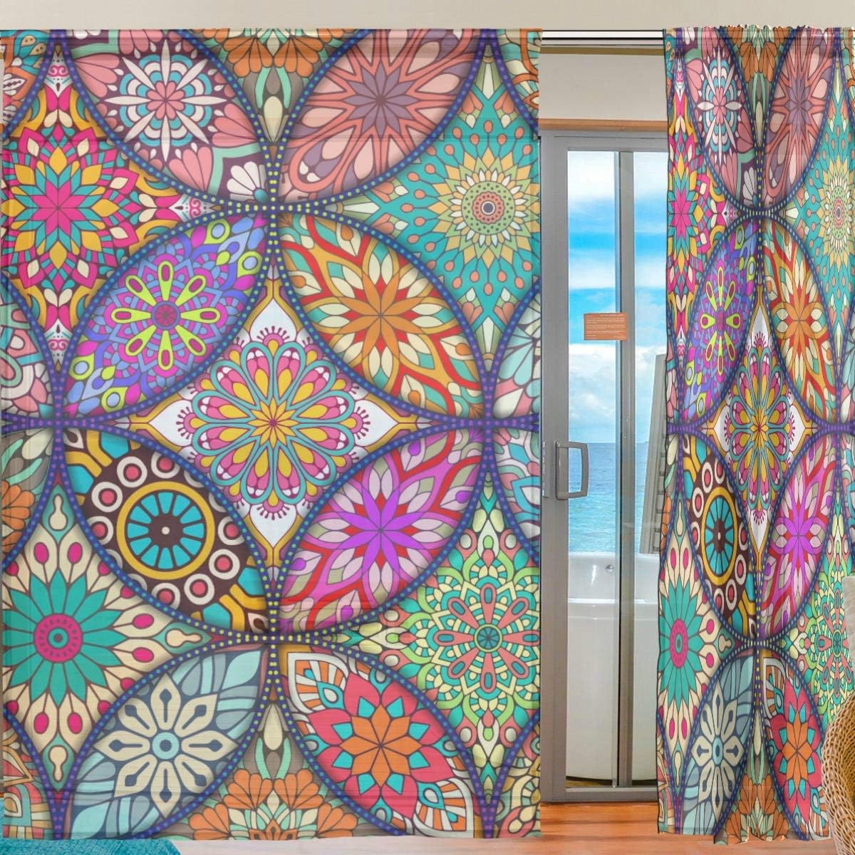 SUABO Curtains Panels Colorful Mandala Bohemian Window Sheer Panels for Living Room Drapes 78 inch Long, Set of 2 Panels