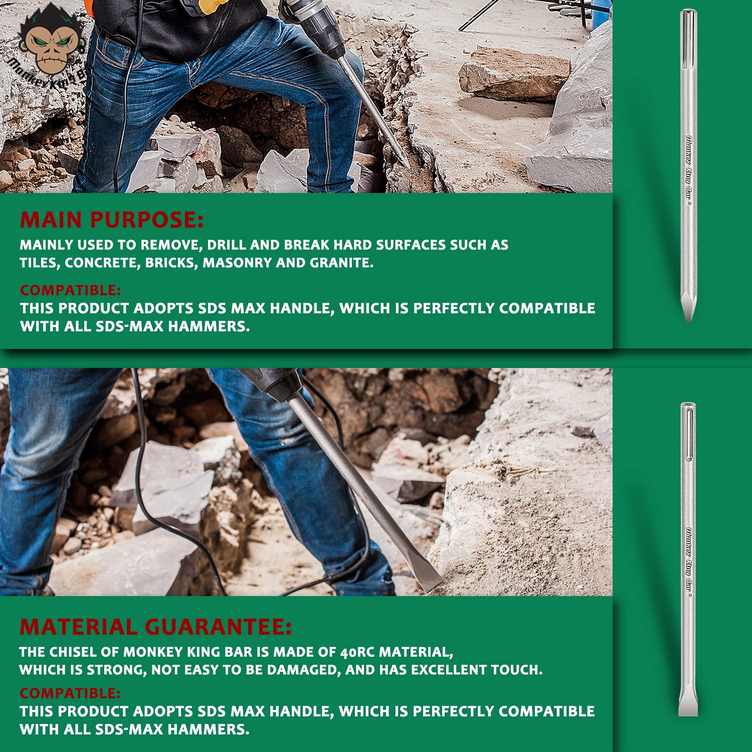 Monkey King Bar SDS MAX Set de burins, 3 pièces : burin pointu (400 mm) burin gradué (400 mm x 50 mm) burin plat (400 mm x 25 mm) Compatible avec les burins universels, marteau perforateur