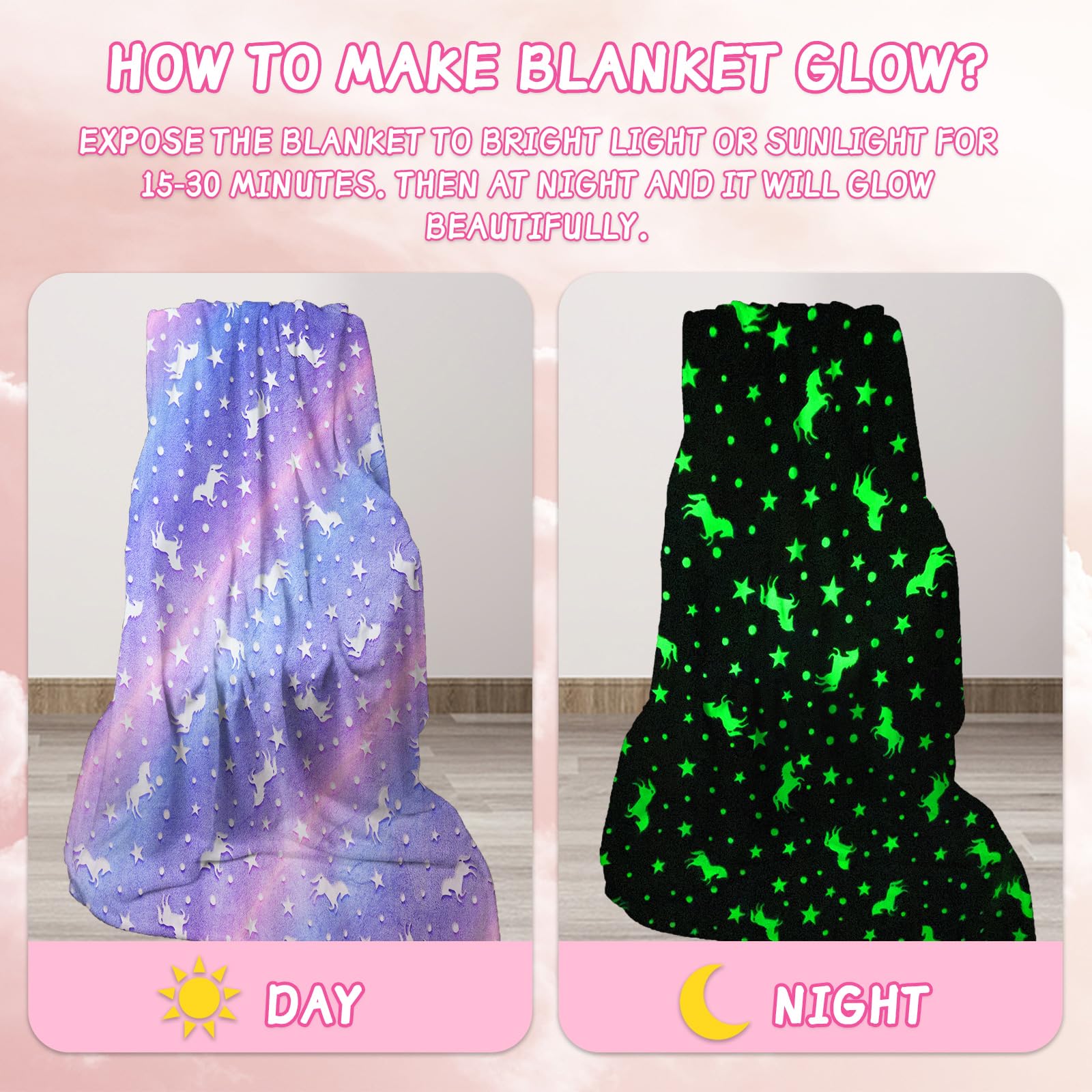 HZVRTN Unicorn Blanket, Glow in the Dark Children's Cuddly Blanket, Gift for Girls Pink, Soft and Warm - Image 3
